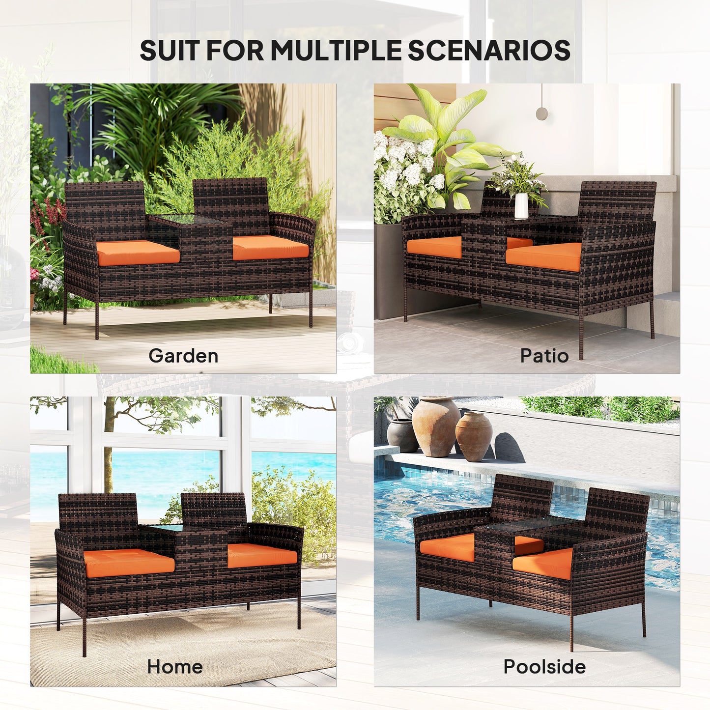 Outsunny Two Seat Rattan Conversation Set With Center Glass Table For Outdoor Patio Orange