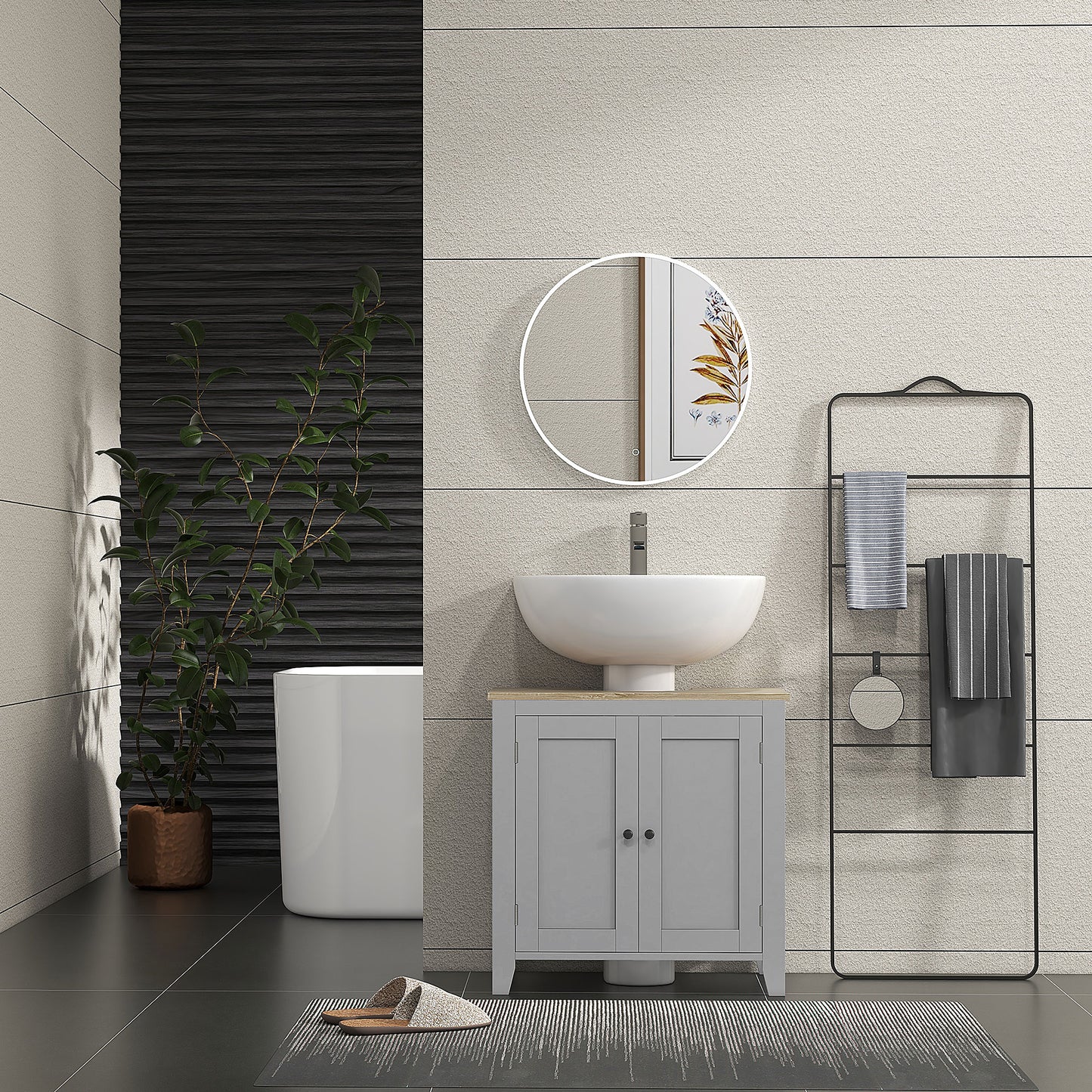 Kleankin Under Sink Cabinet With Two Doors Pedestal Design Freestanding Bathroom Cupboard Grey Adjustable Shelf