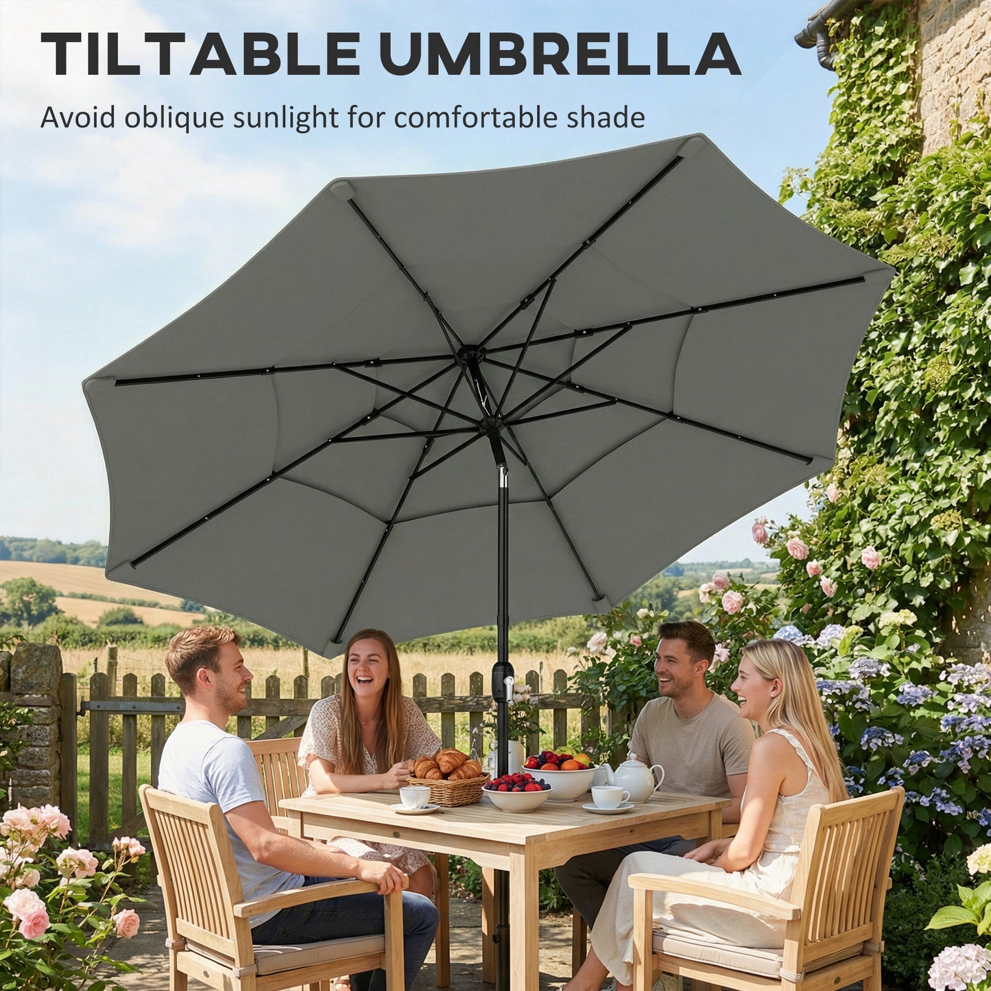 Outsunny Garden Parasol 3 Tier Roof Tilt Function Crank Handle Grey Polyester Canopy