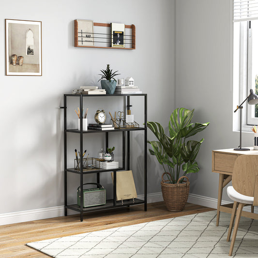 HOMCOM 4 Tier Bookshelf With Open Shelves In Charcoal Grey Industrial Style Rustic Wood Finish