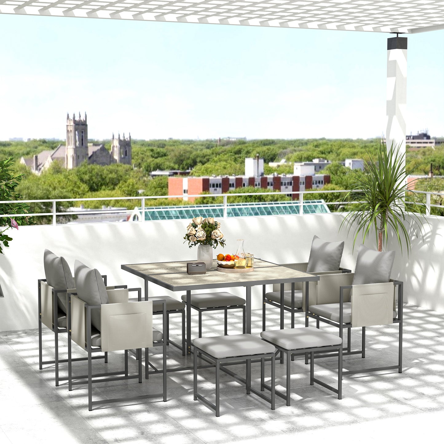 Outsunny Nine Piece Steel Frame Garden Dining Set With Cushions Grey Outdoor Furniture