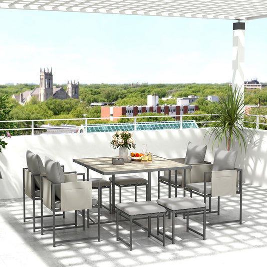 Outsunny Nine Piece Steel Frame Garden Dining Set With Cushions Grey Outdoor Furniture