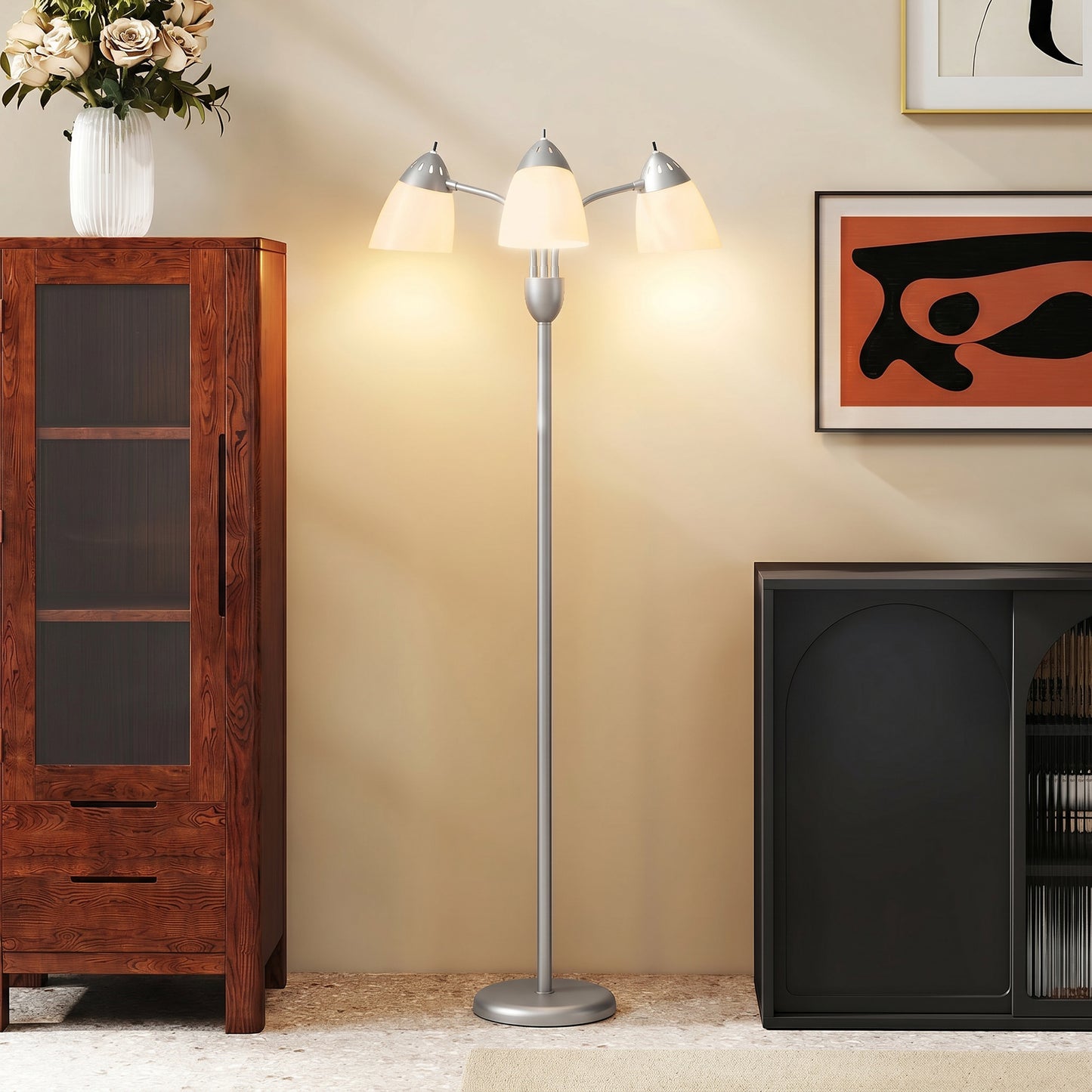 HOMCOM Arc Tree Floor Lamp With Three Adjustable Rotating Lights And Color Temperatures 3000K 4500K 6500K Silver Tone