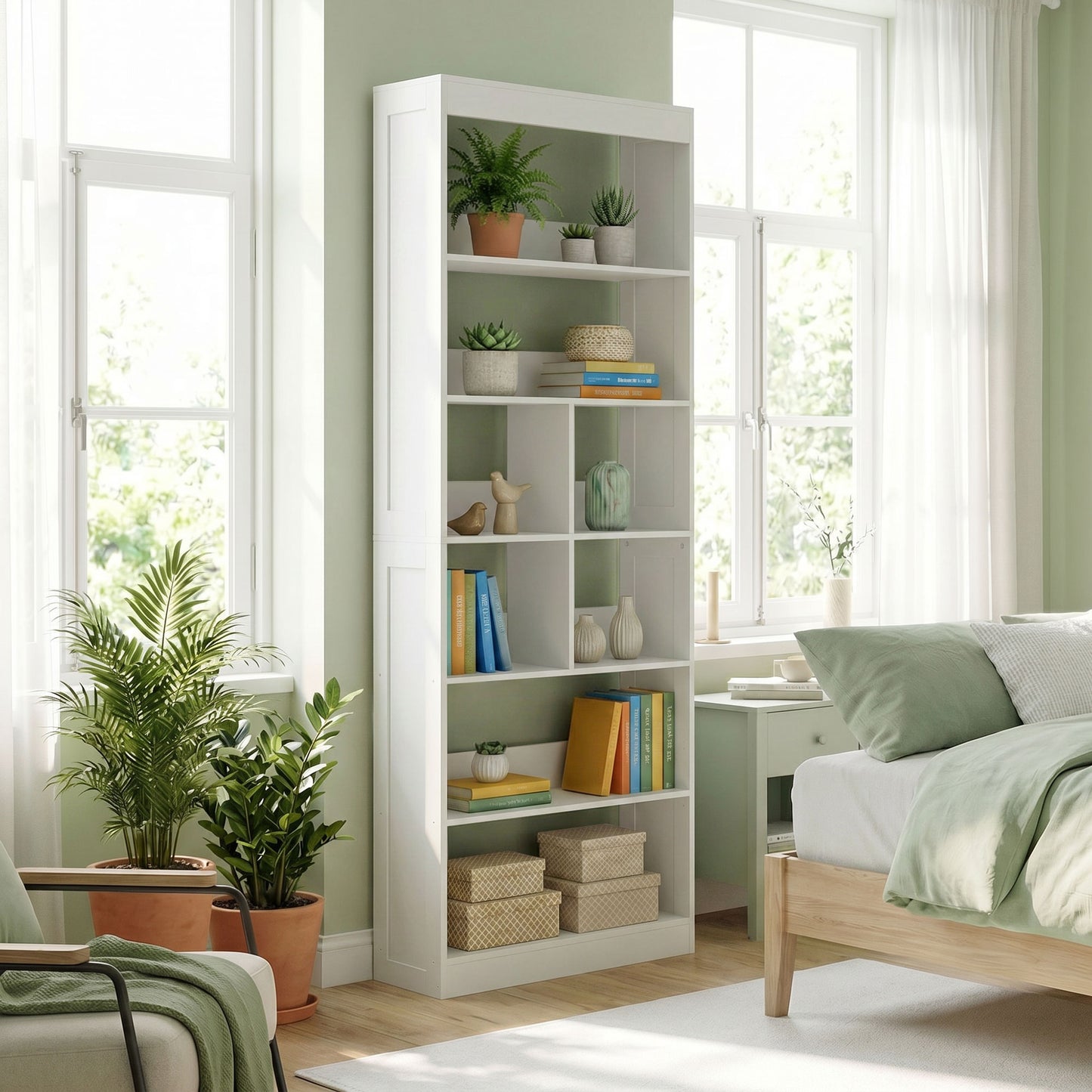 HOMCOM White 6 Tier Bookcase With Open Storage Shelves And Cubes 180 Cm Tall Display Shelf Anti Tipping Design