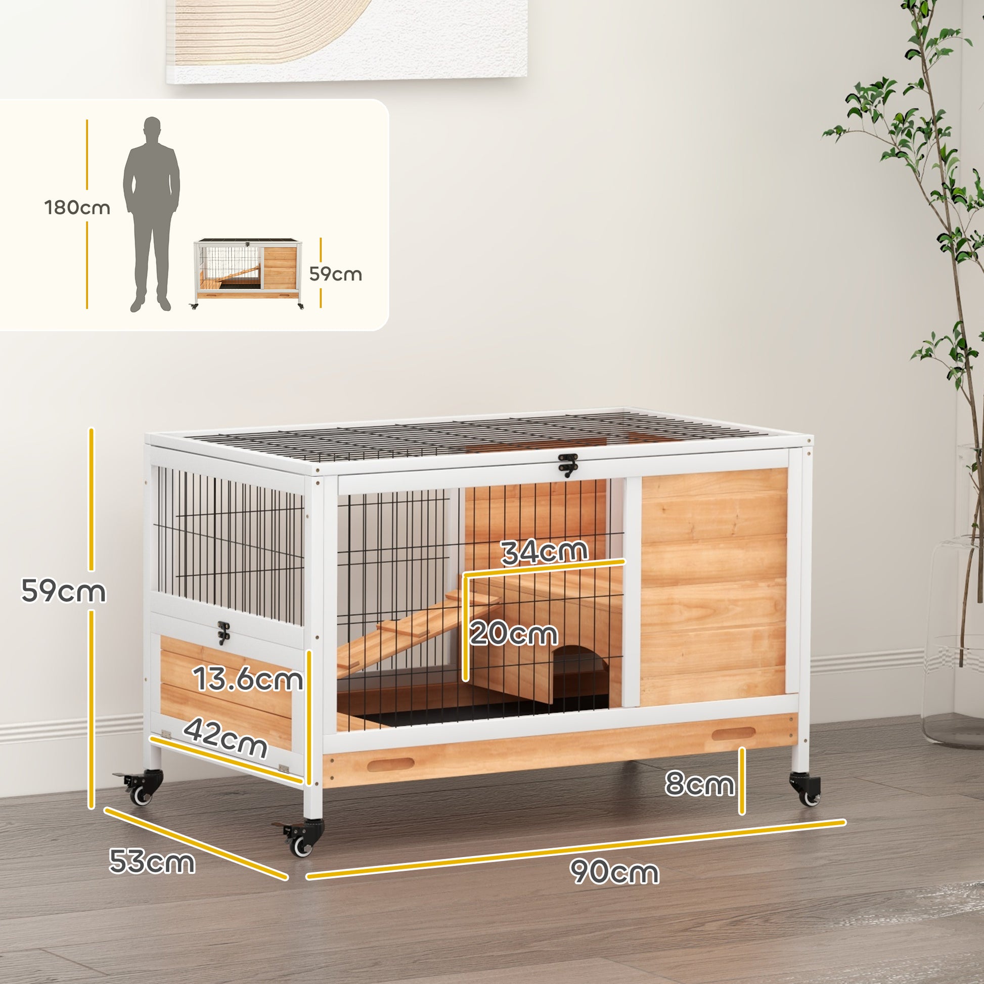 PawHut Two-Tiered Yellow Wooden Rabbit Hutch with Enclosed Run - ALL4U RETAILER LTD