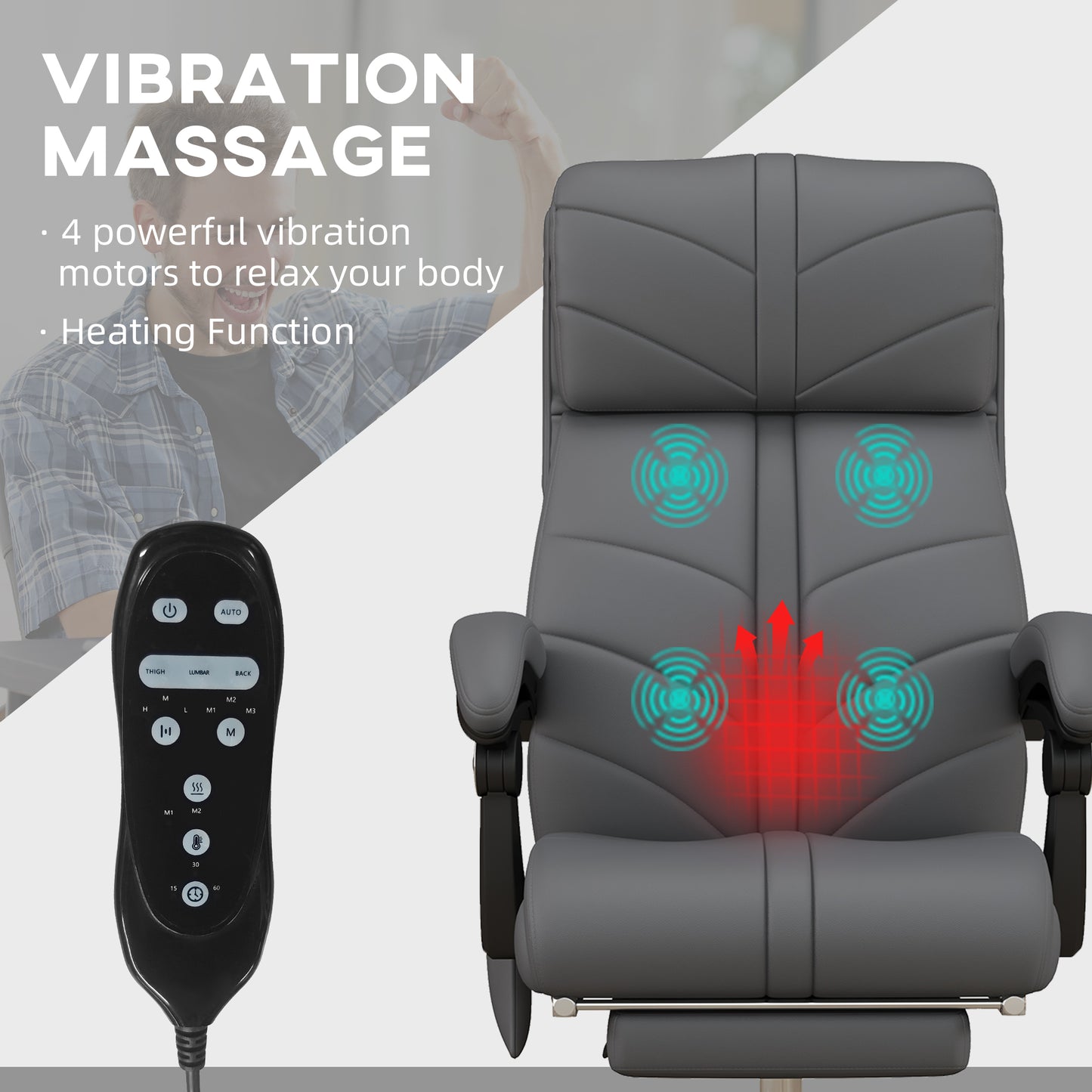 Vinsetto Heated Vibration Massage Computer Chair with Footrest and Reclining Feature in Grey PU Leather - ALL4U RETAILER LTD