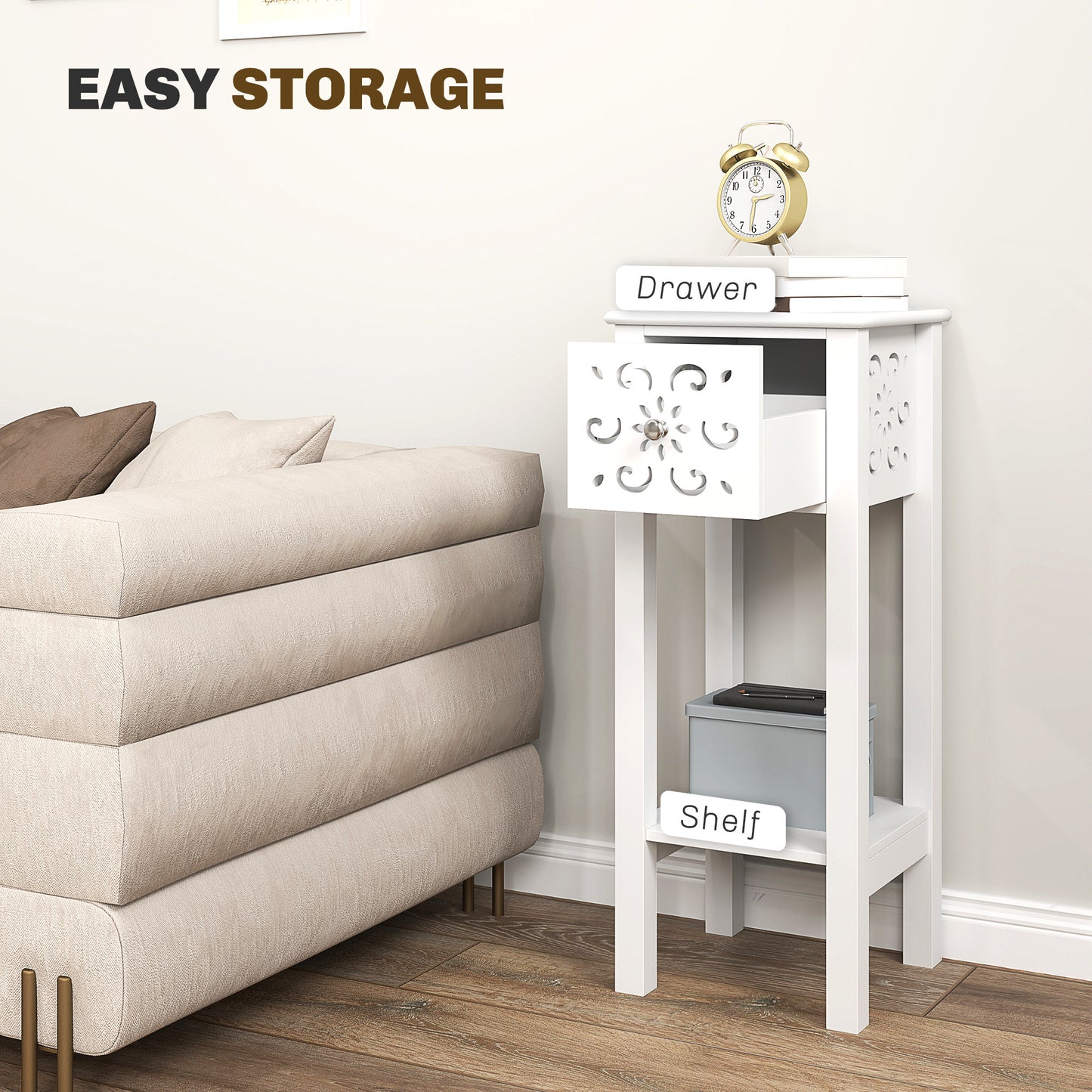 HOMCOM Set of Two Elegant Floral Cutout Side Tables in White with Drawers and Shelves