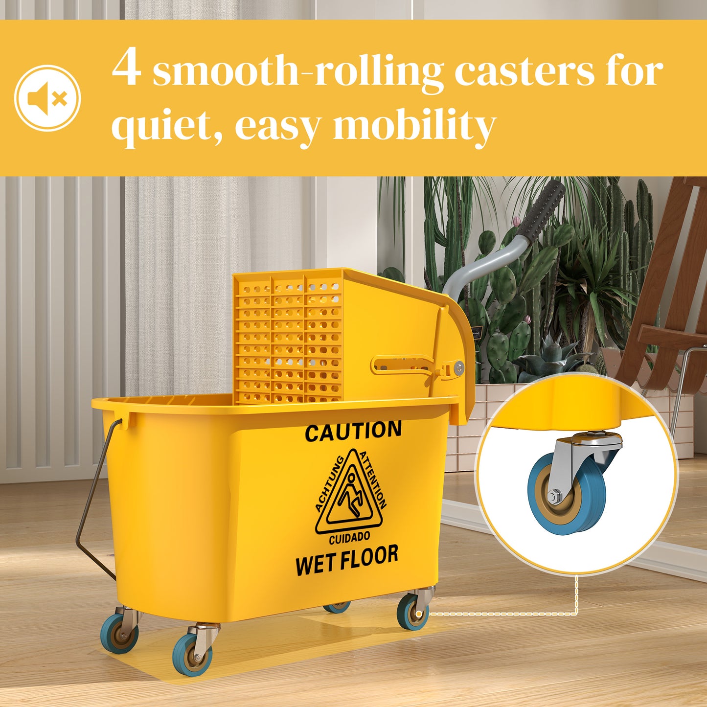 HOMCOM 20 Litre Mop Bucket With Wringer On Wheels Yellow For Floor Cleaning With Side Press And Included Mop