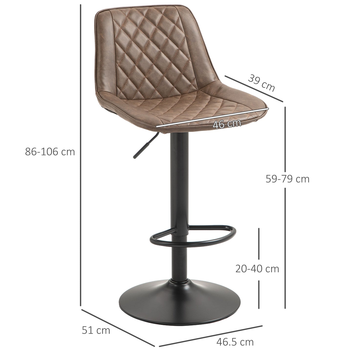 HOMCOM Bar Stools Set Of 2 Adjustable Swivel Bar Chairs With Back PU Leather Upholstery Footrest And Steel Base Brown