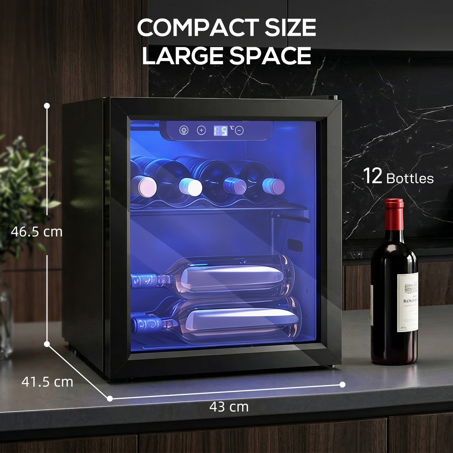 Homcom 12 Bottle Wine Cooler 36 Litre Capacity Under Counter Glass Door LED Light Black