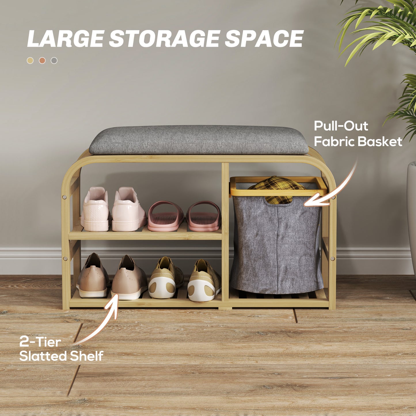 HOMCOM Bamboo Shoe Storage Bench With Cushioned Seat And Linen Fabric Upholstery Nature Wood Finish
