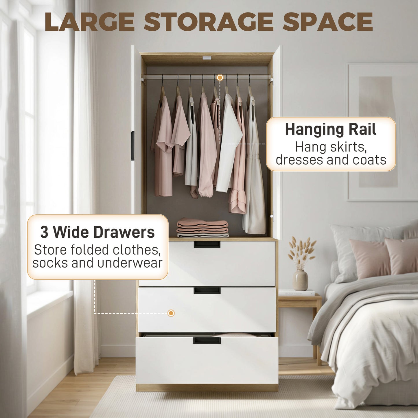 HOMCOM Modern Oak And White Wardrobe With Hanging Rod 3 Drawer 2 Door Storage Cupboard