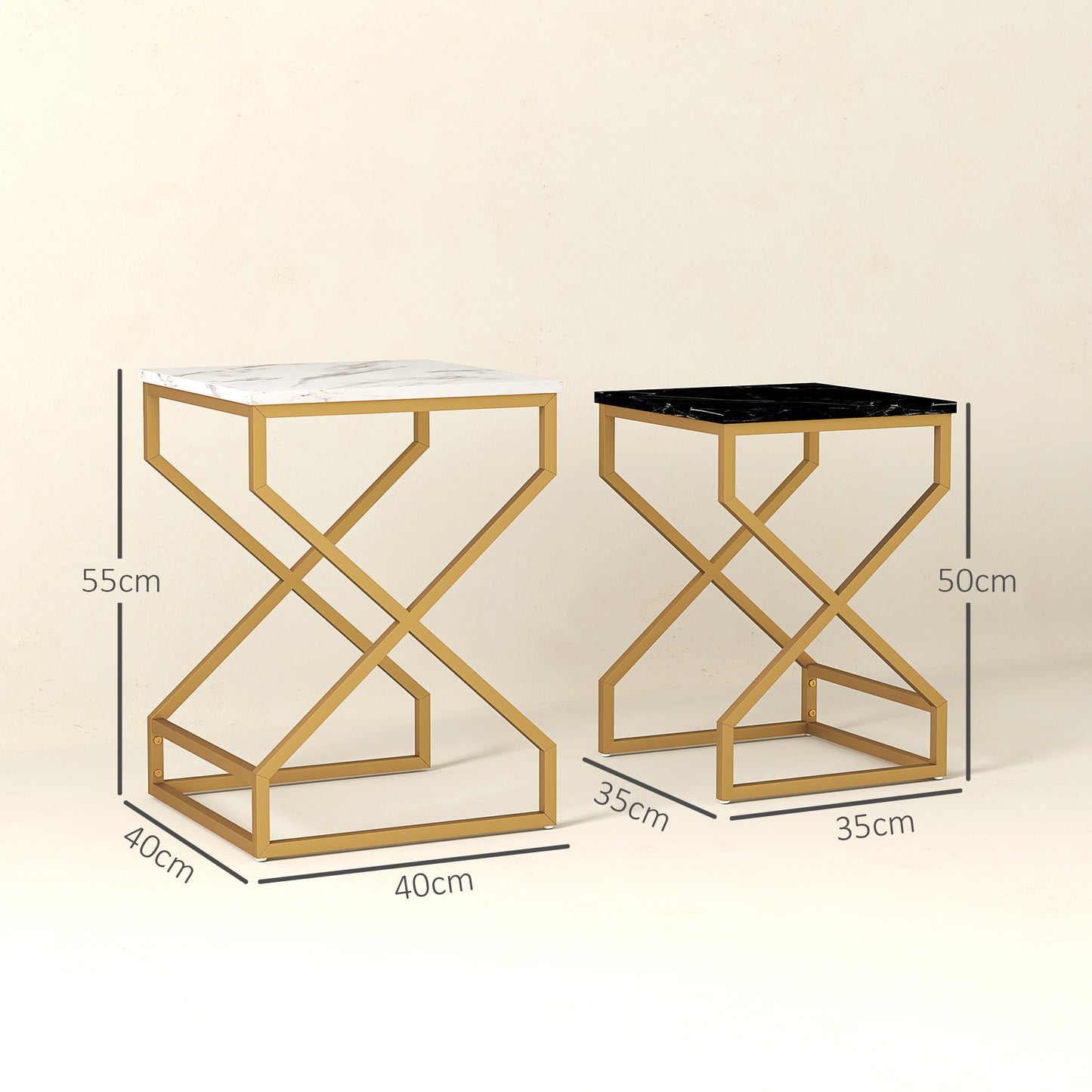 HOMCOM Marble Effect Nesting Tables Set Of Two With Gold Steel Legs For Space Saving
