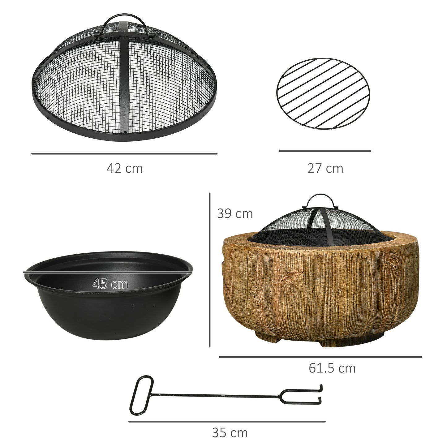 Outsunny Outdoor Fire Pit 61.5 Cm Metal Wood Burning Fireplace With Spark Cover And Poker Woodgrain Design