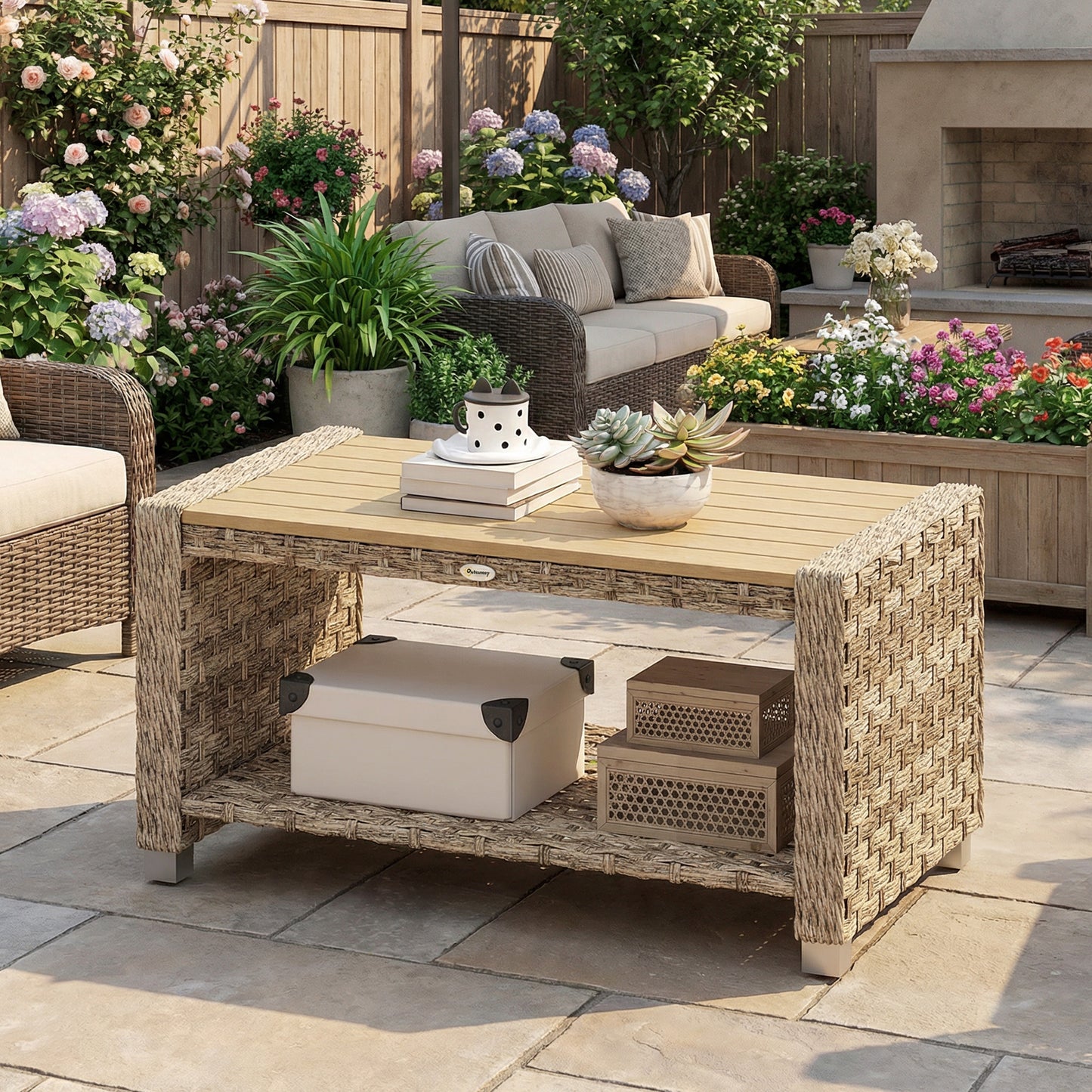 Outsunny Outdoor Coffee Table With Two Tier Storage Shelf In PE Rattan Light Brown Slatted Top And Foot Pads