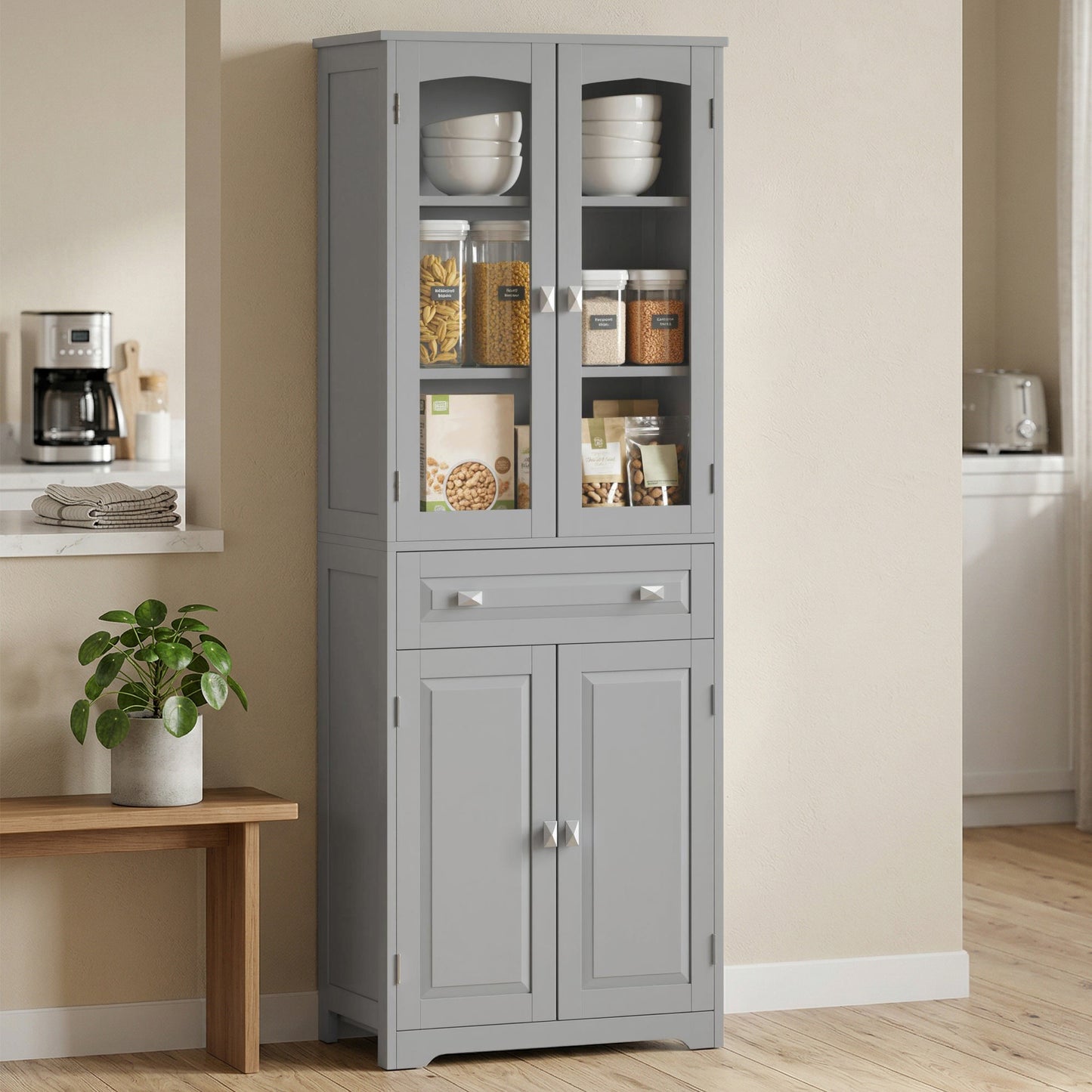 HOMCOM Freestanding Kitchen Cupboard With 2 Adjustable Shelves Drawer Glass Door Living Room Grey