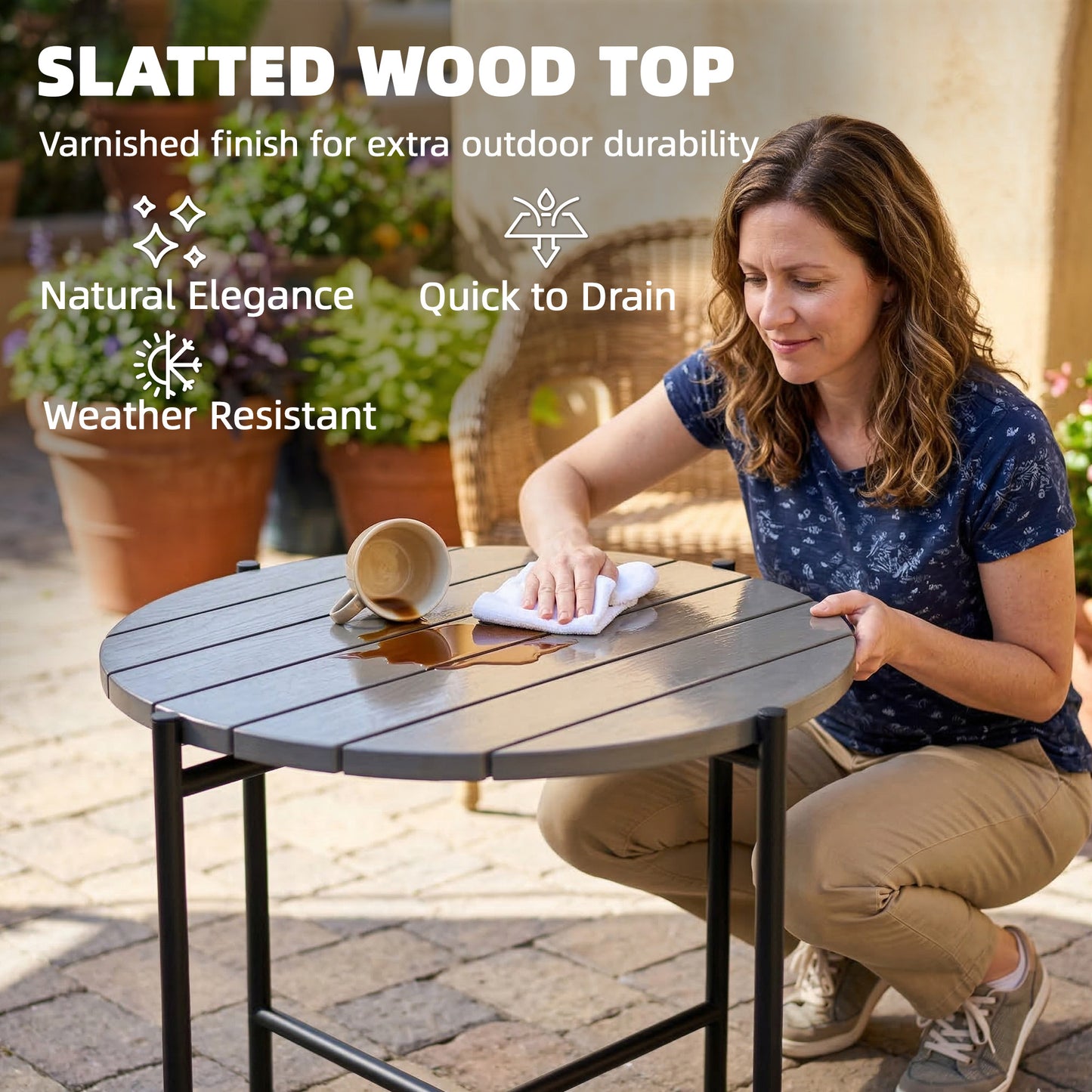 Outsunny 54 Cm Round Outdoor Side Table With Slatted Wood Top And Industrial Metal Frame Dark Grey
