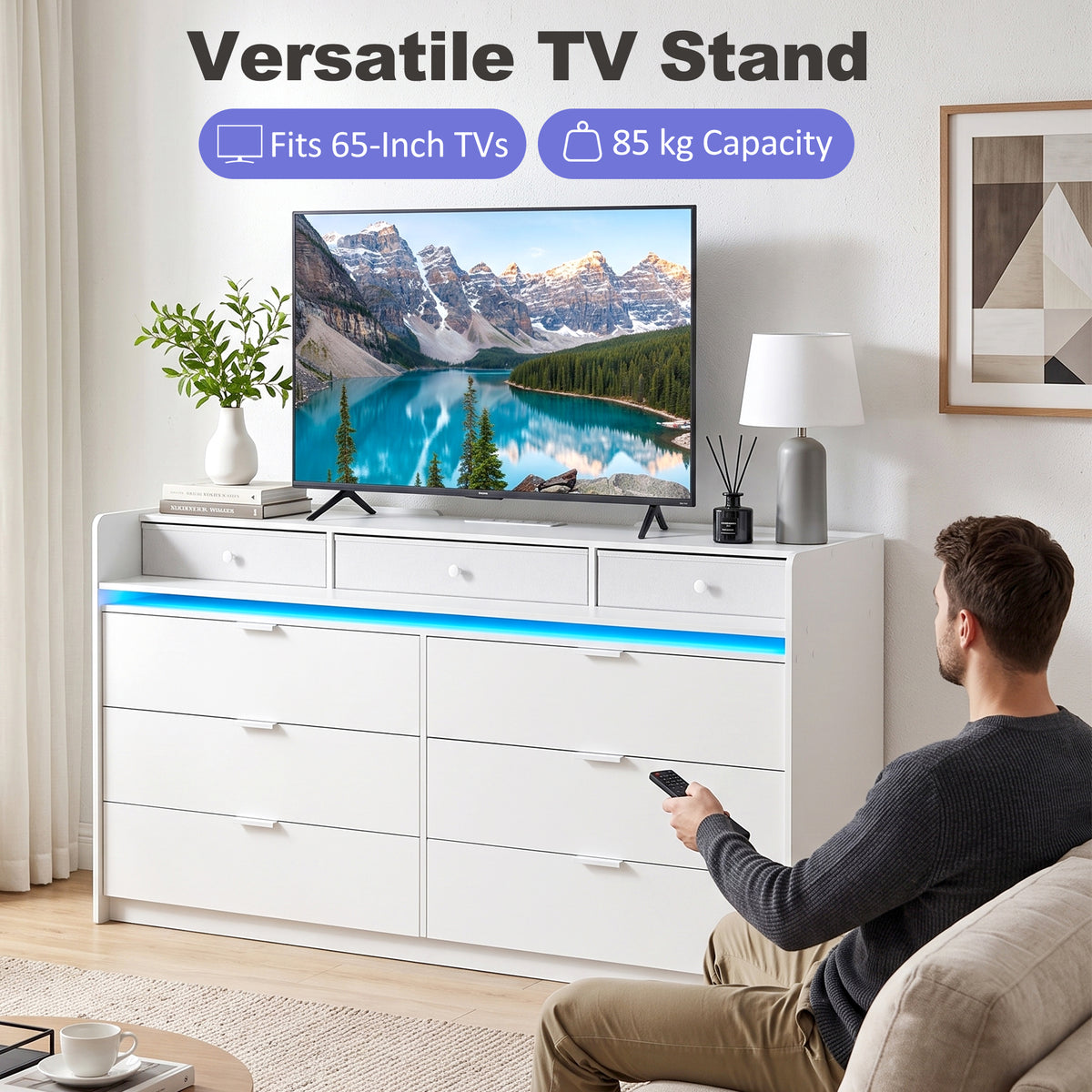 White dresser with LED light strip, matching TV stand-style top and drawer storage