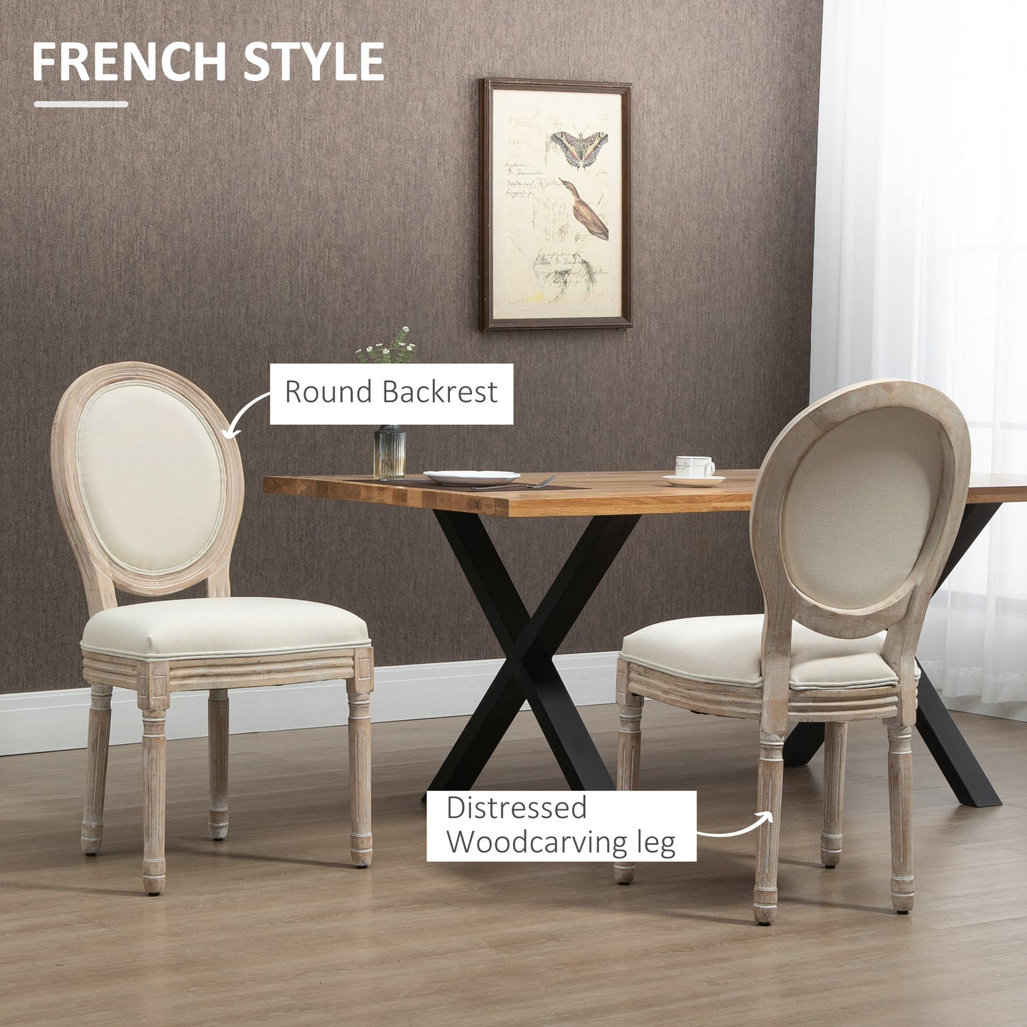 HOMCOM Set of 2 French-Inspired Dining Chairs with Linen-Touch Upholstery and Adjustable Feet, Cream - ALL4U RETAILER LTD