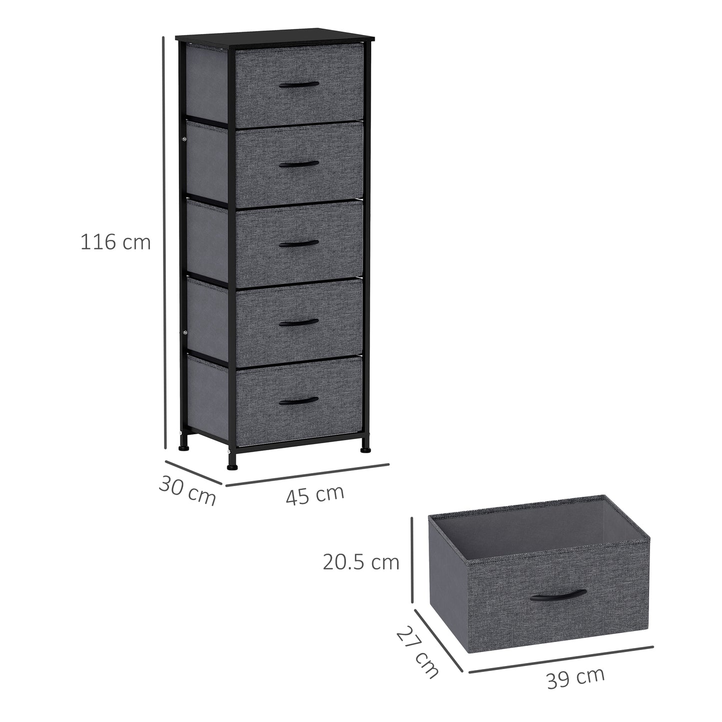 HOMCOM Fabric Chest of Drawers With 5 Fabric Drawers Industrial Steel Frame And Wooden Top Dark Grey