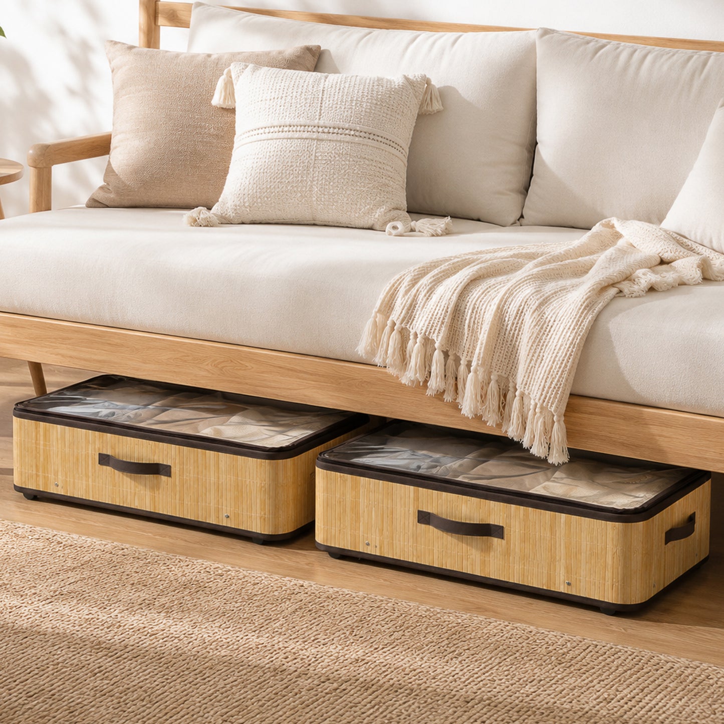 HOMCOM 60L Under Bed Storage Boxes With Wheels And Clear Lid Natural Pack Of 2