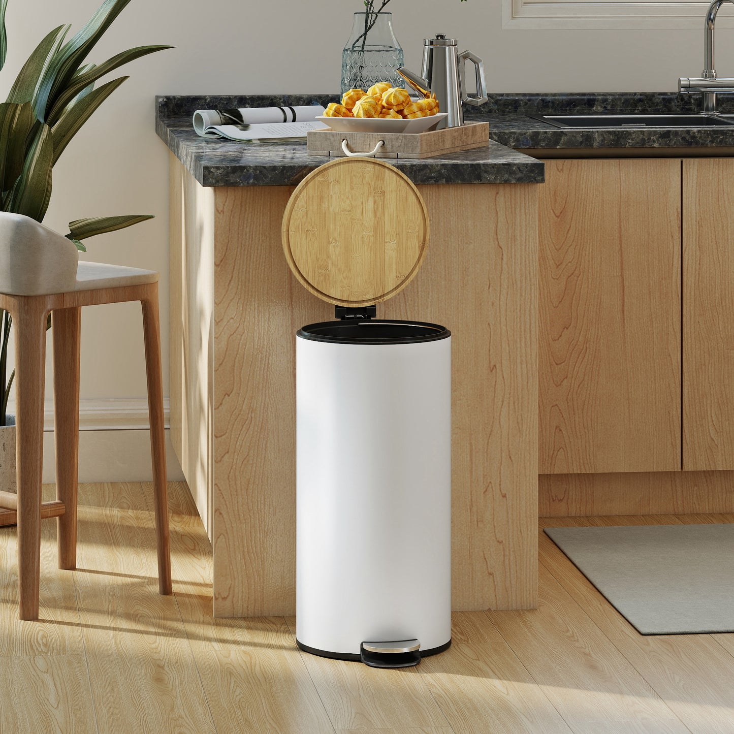 HOMCOM Kitchen Bin 30 Litre Pedal Bin With Removable Inner Bucket Soft Close Lid White And Natural