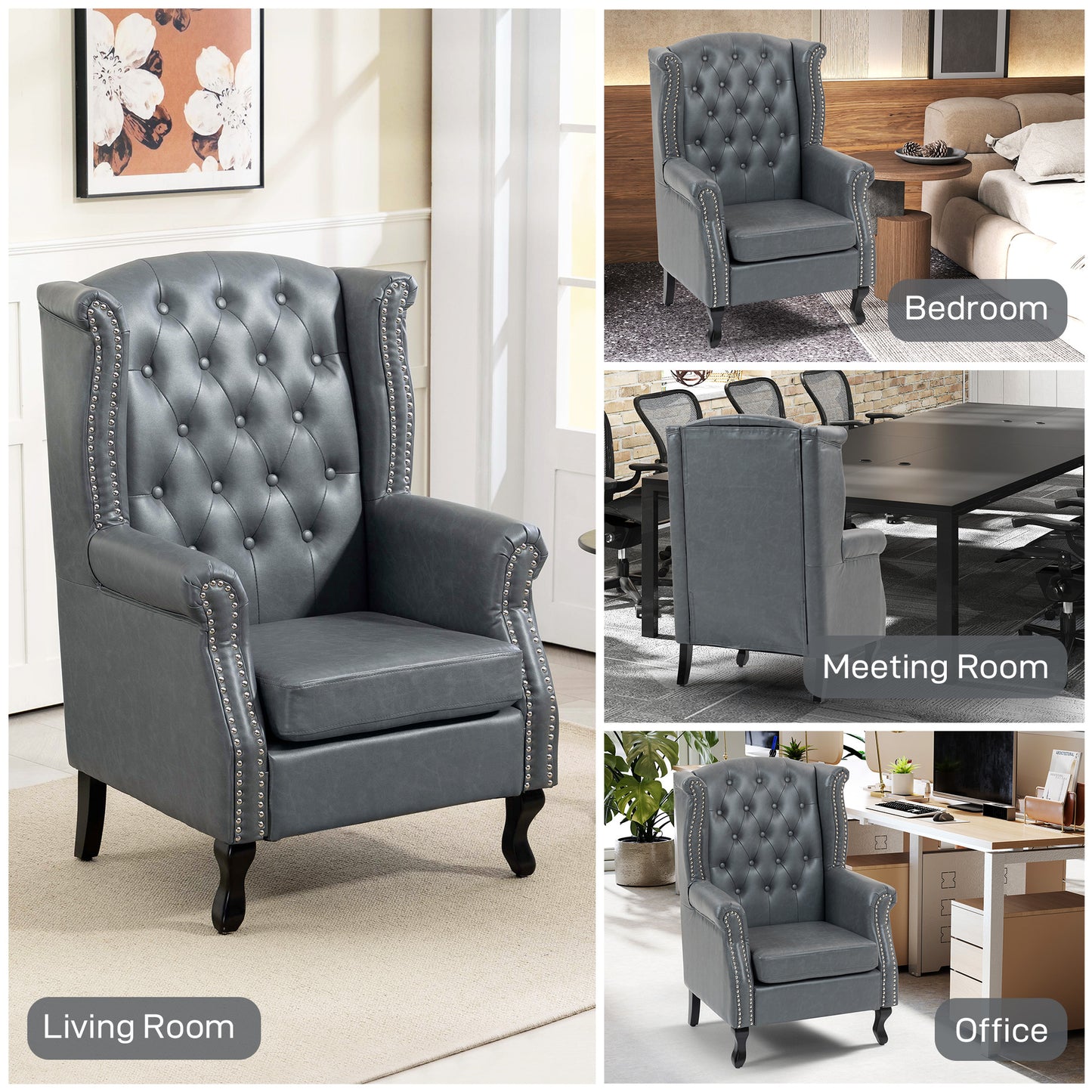 HOMCOM Wingback Accent Chair Tufted Chesterfield Style Armchair With Nailhead Trim Grey Living Room Bedroom