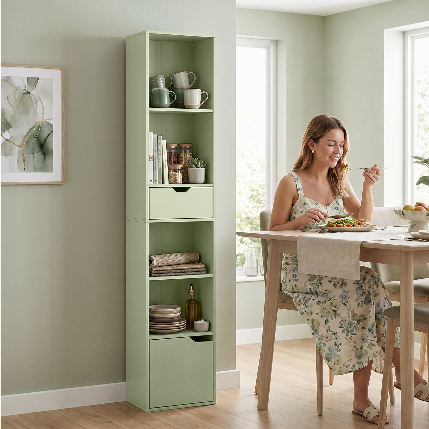 HOMCOM Six Tier Tall Narrow Bookcase With Drawer And Door Green For Clutter Free Living Room Home Office Storage