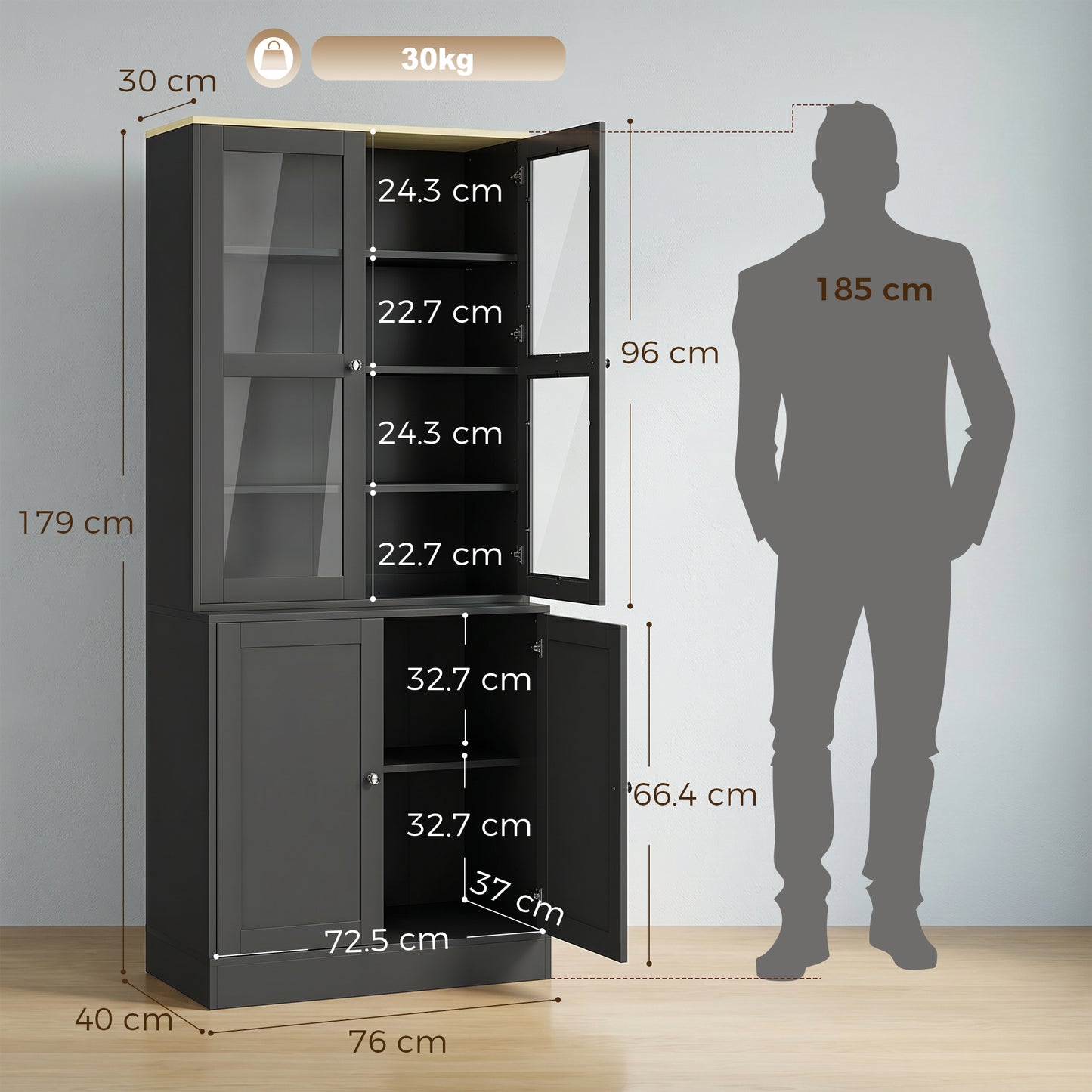 HOMCOM Modern Glass Doors Bookcase With Adjustable Shelves And Display Storage Cabinet Black