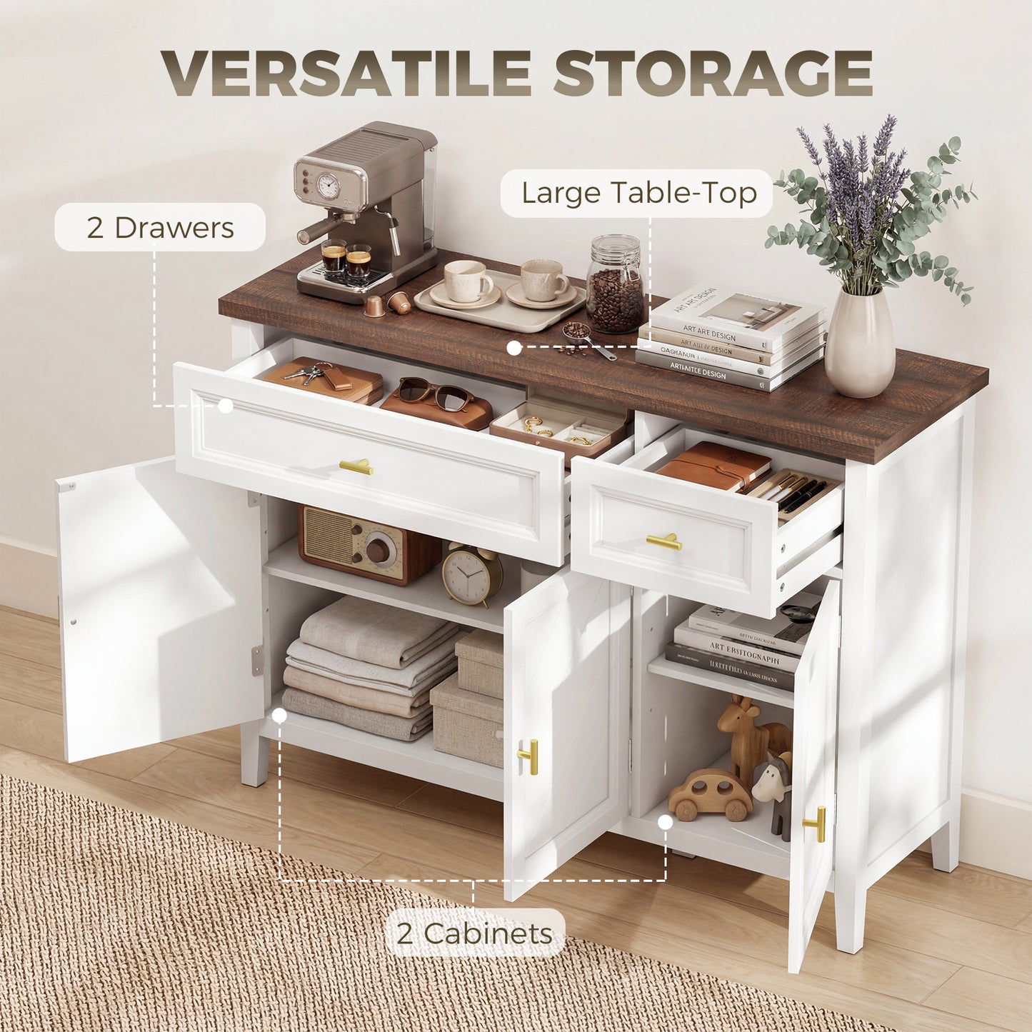 HOMCOM Modern White Sideboard With Three Doors Two Drawers And Adjustable Shelves For Storage