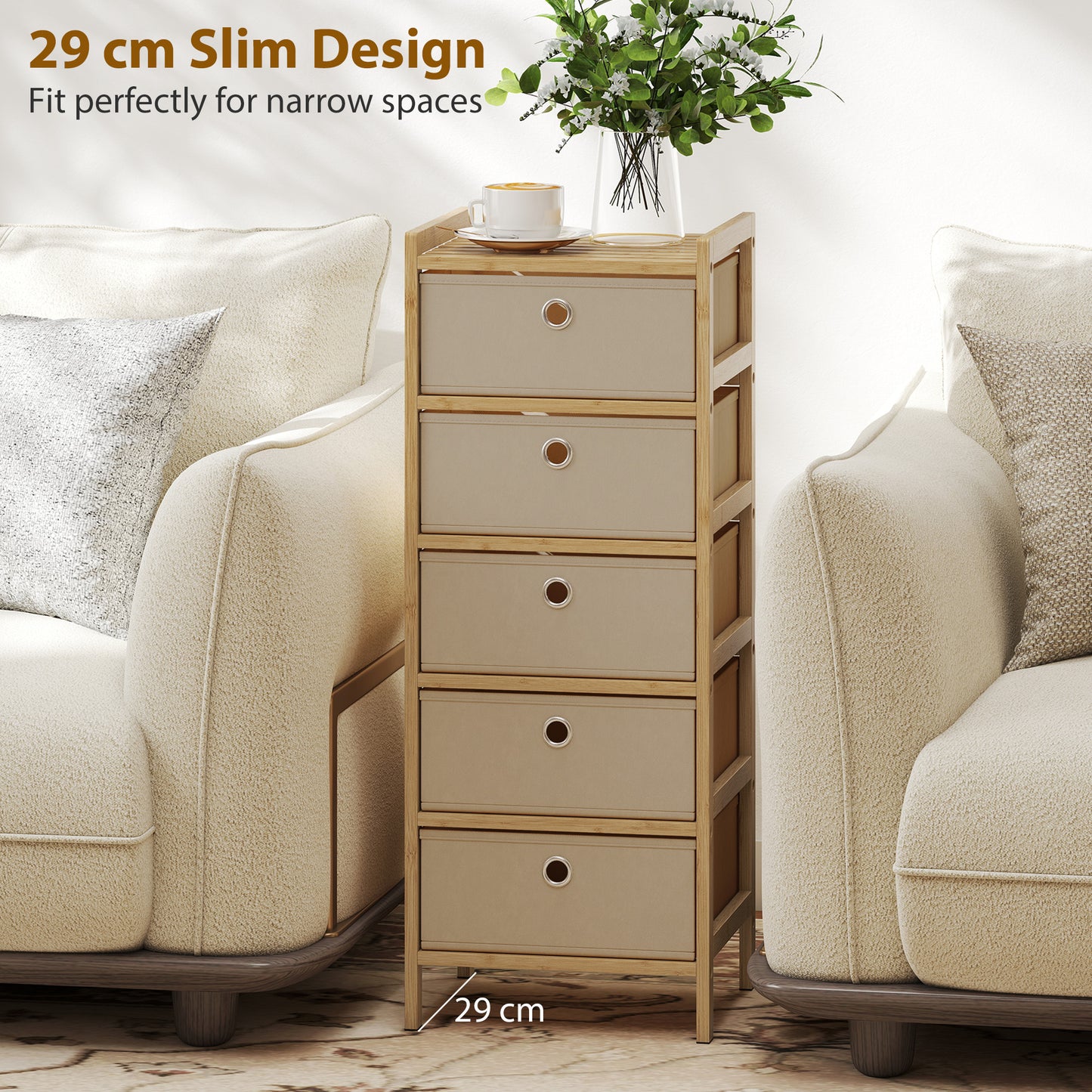 HOMCOM Five Drawer Fabric Dresser Narrow Chest With Bamboo Frame Cream White For Bedroom Organization