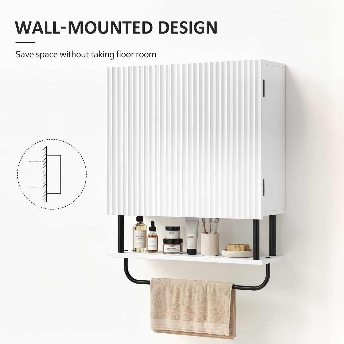 Wall-mounted white bathroom cabinet with open shelf, black towel bar, compact space-saving design