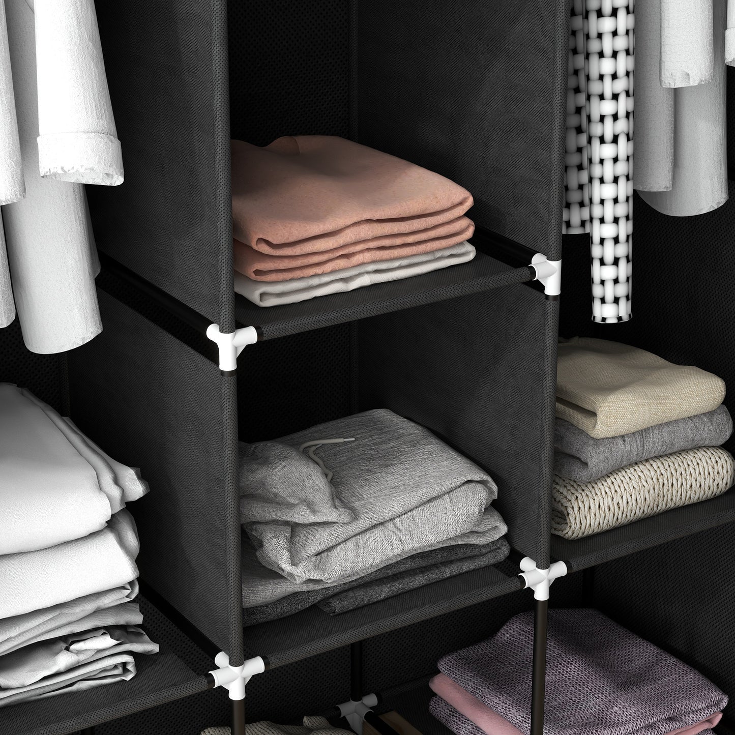 HOMCOM Fabric Wardrobe With Rails And Shelves In Black, Dustproof Fabric Closet Organizer With Roll Up Door