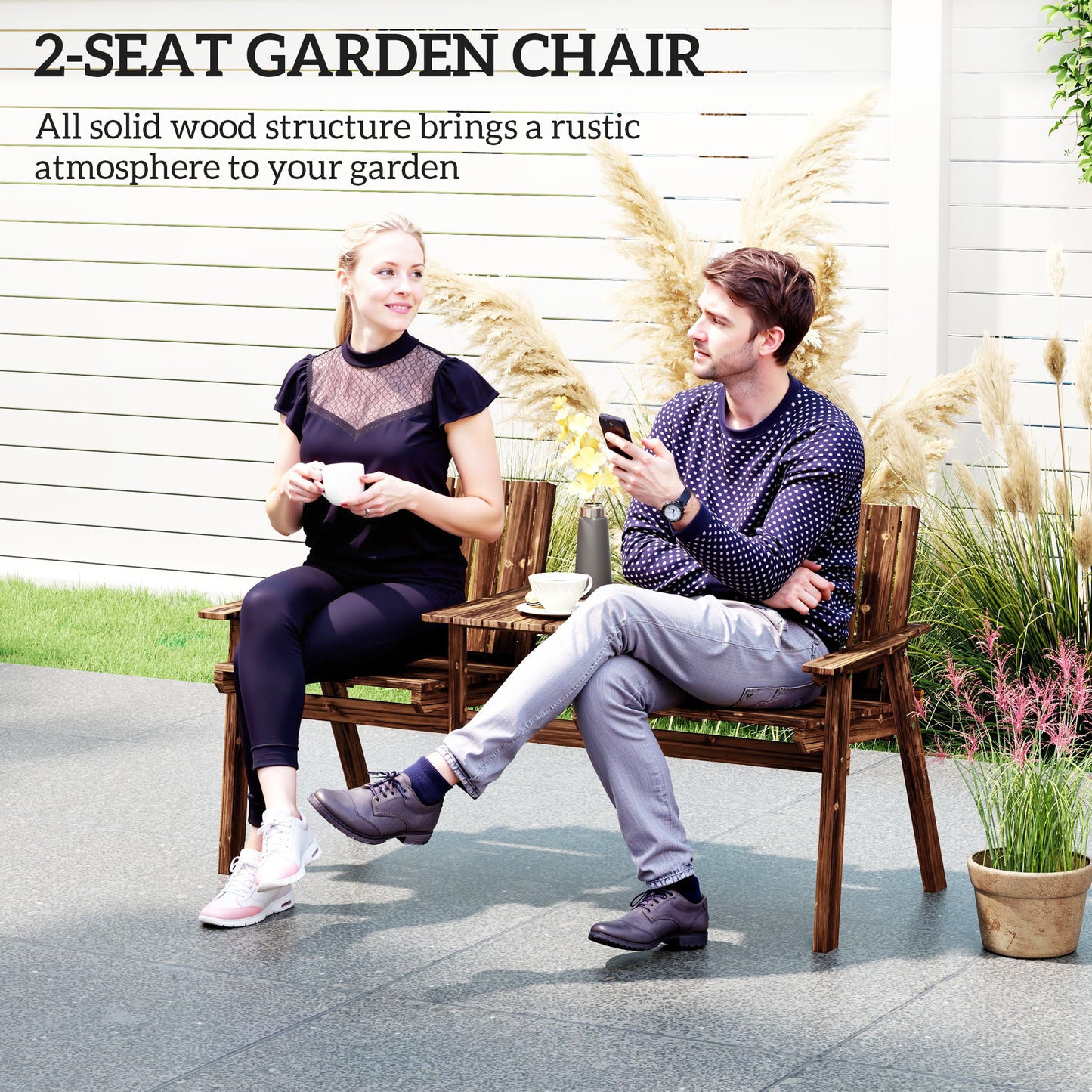 Outsunny 2-Seater Garden Loveseat With Table And Parasol Hole For Porch And Patio Carbonised Finish