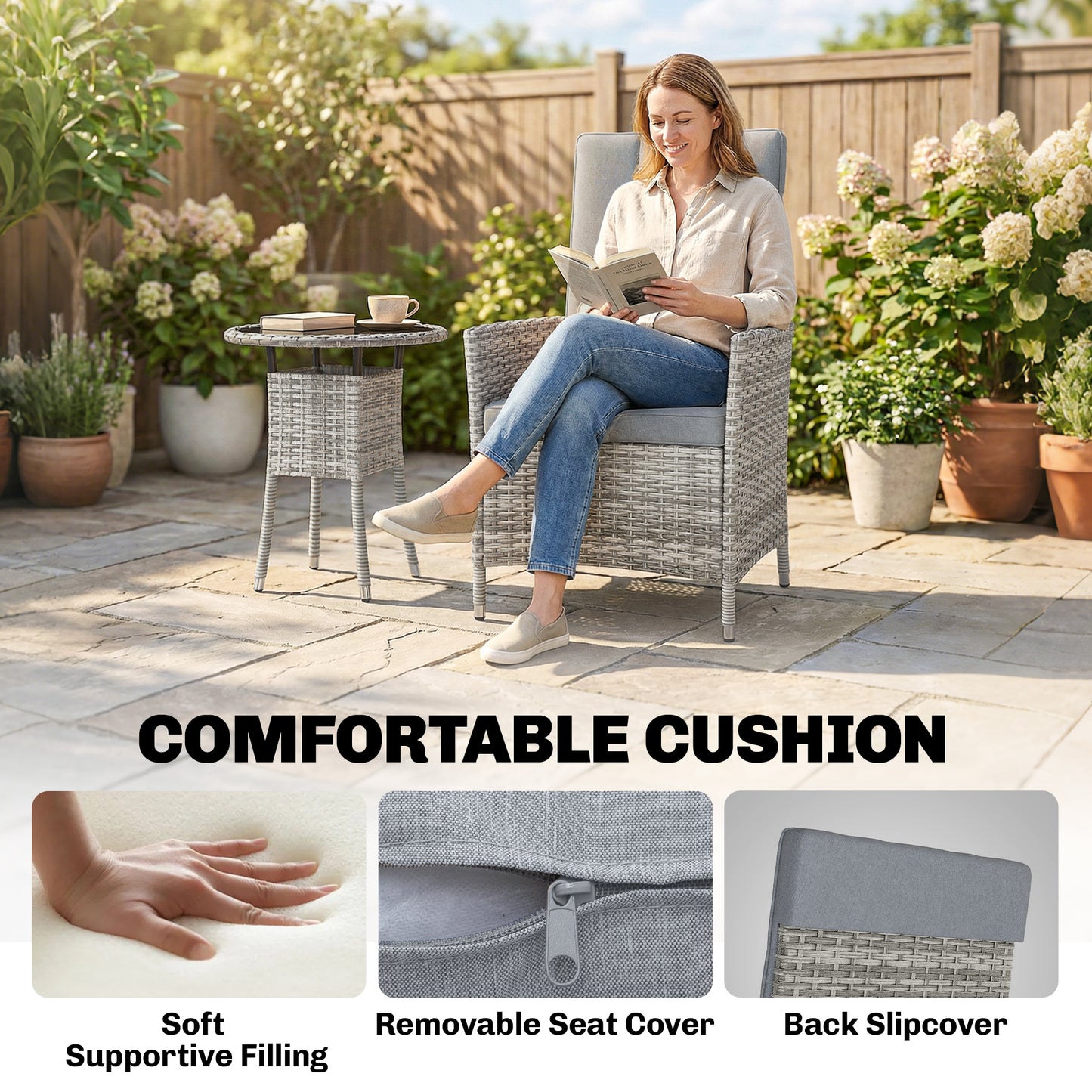 Outsunny Rattan Bistro Set With Reclining Garden Chairs Glass Coffee Table Cushions For Patio Balcony Light Grey