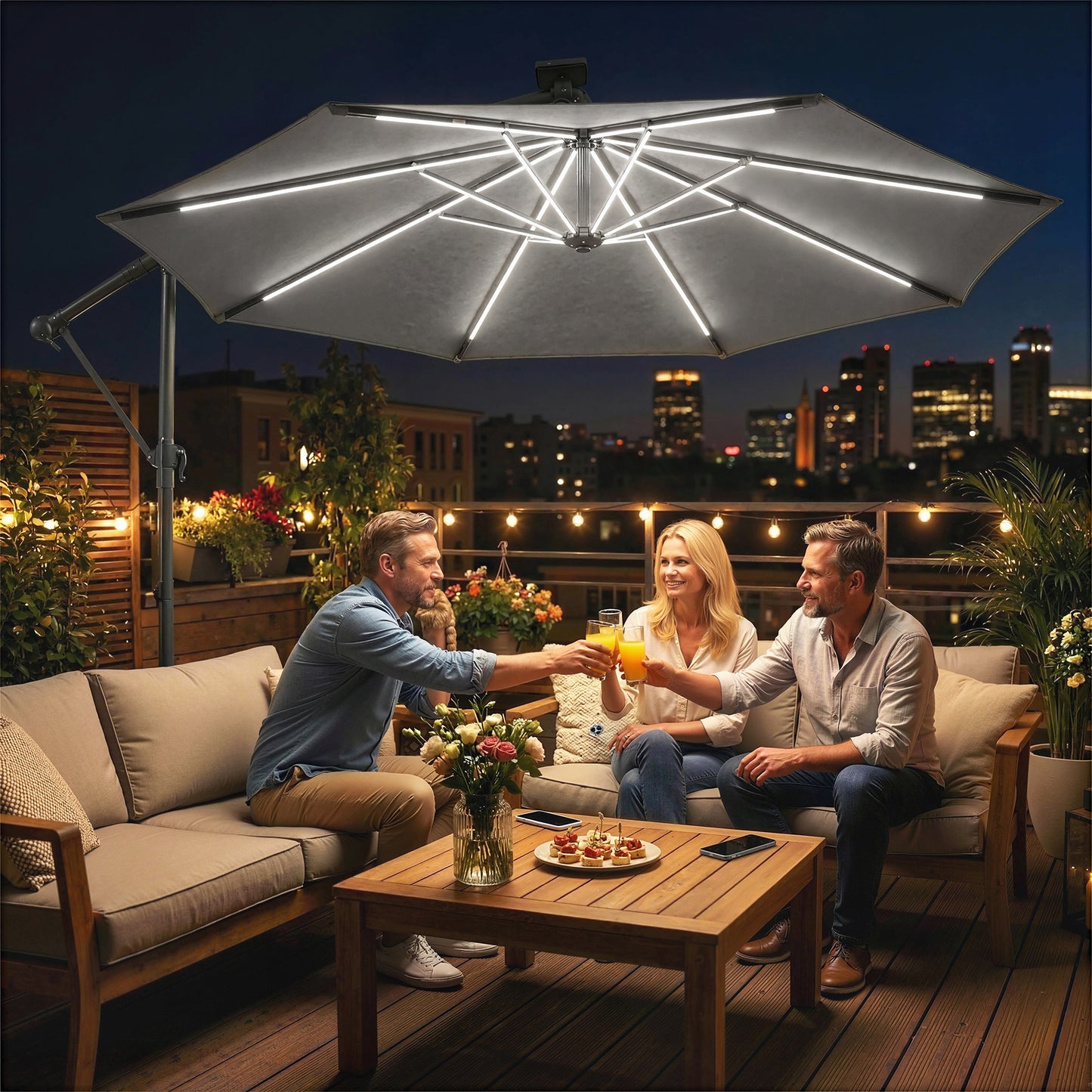 Outsunny 3 Meter Garden Cantilever Parasol With LED Solar Light Round Overhanging Umbrella 360 Degree Rotation Grey