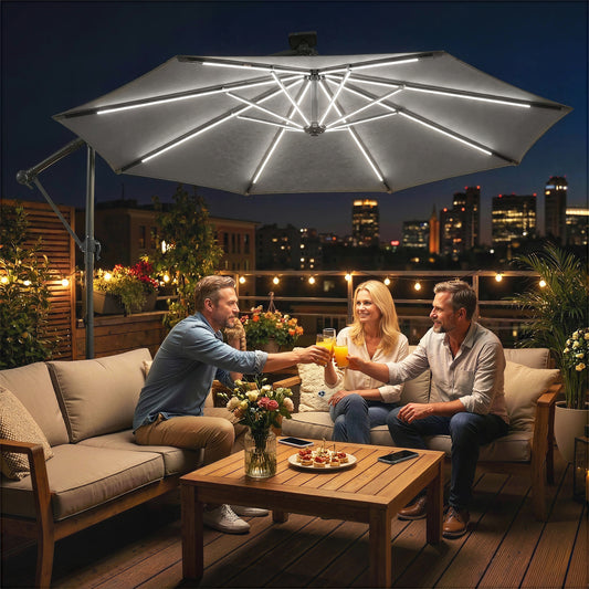 Outsunny 3 Meter Garden Cantilever Parasol With LED Solar Light Round Overhanging Umbrella 360 Degree Rotation Grey
