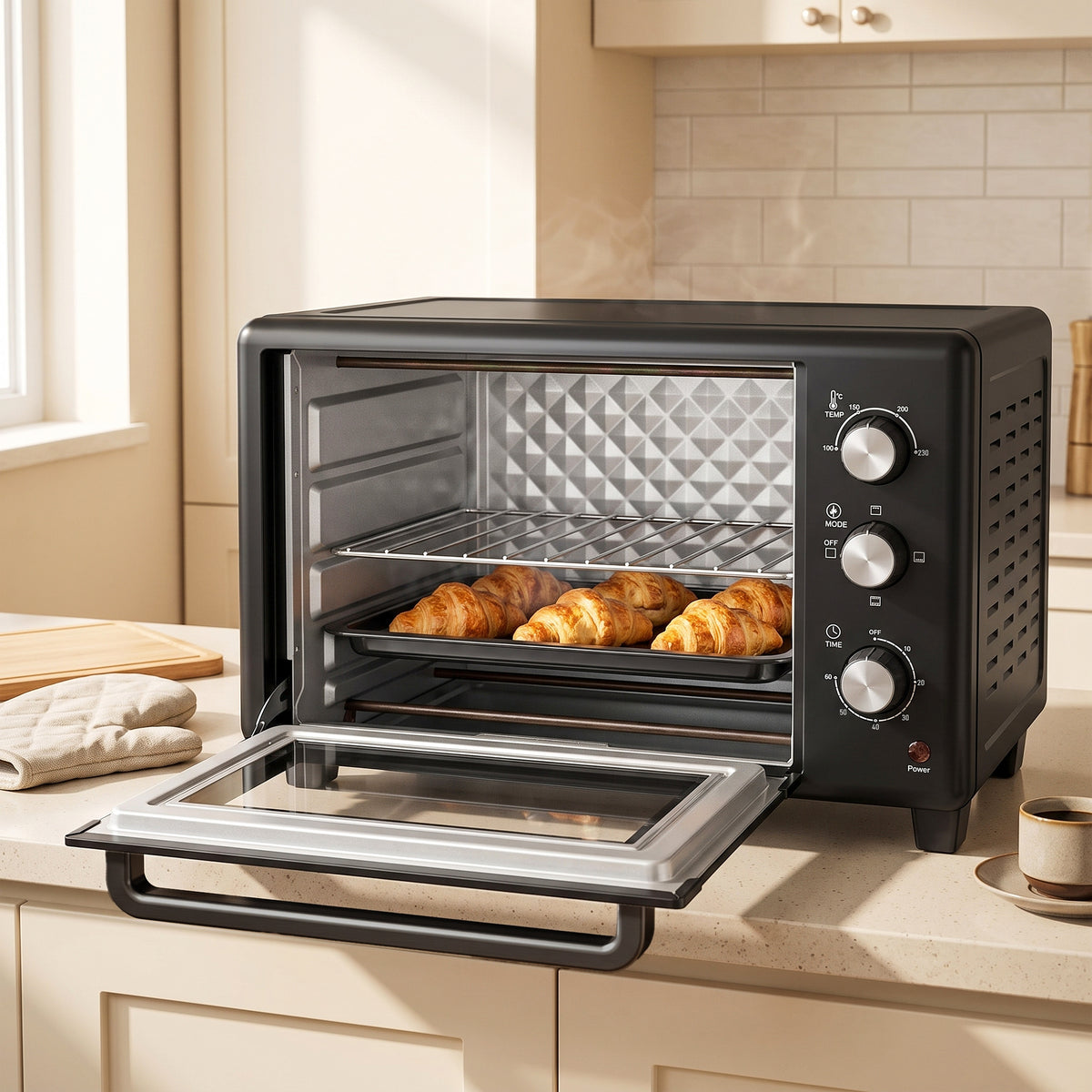Black countertop mini oven with open door and baking rack holding bread rolls