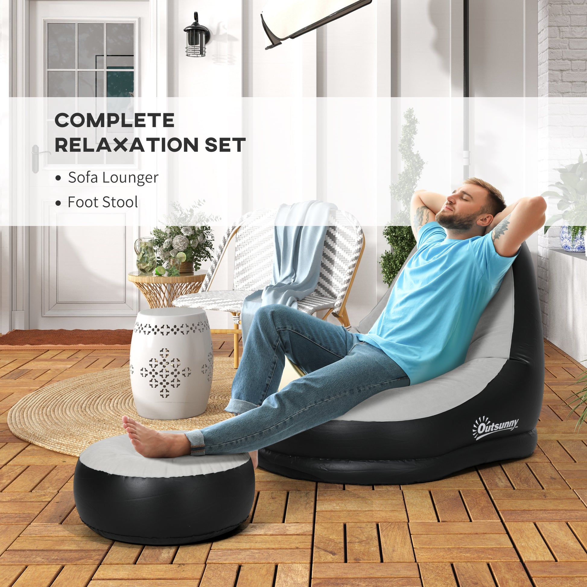 HOMCOM Inflatable Lounge Sofa and Ottoman Set with Cup Holder for Gaming and Relaxation, Grey - ALL4U RETAILER LTD