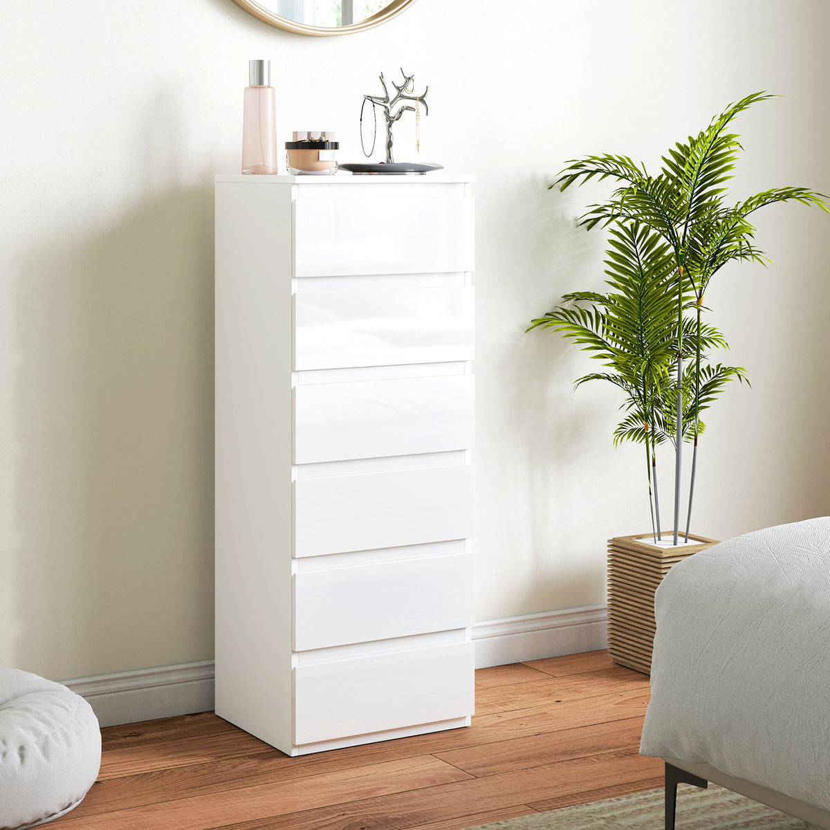 High-gloss white 6-drawer slim chest of drawers, front corner view
