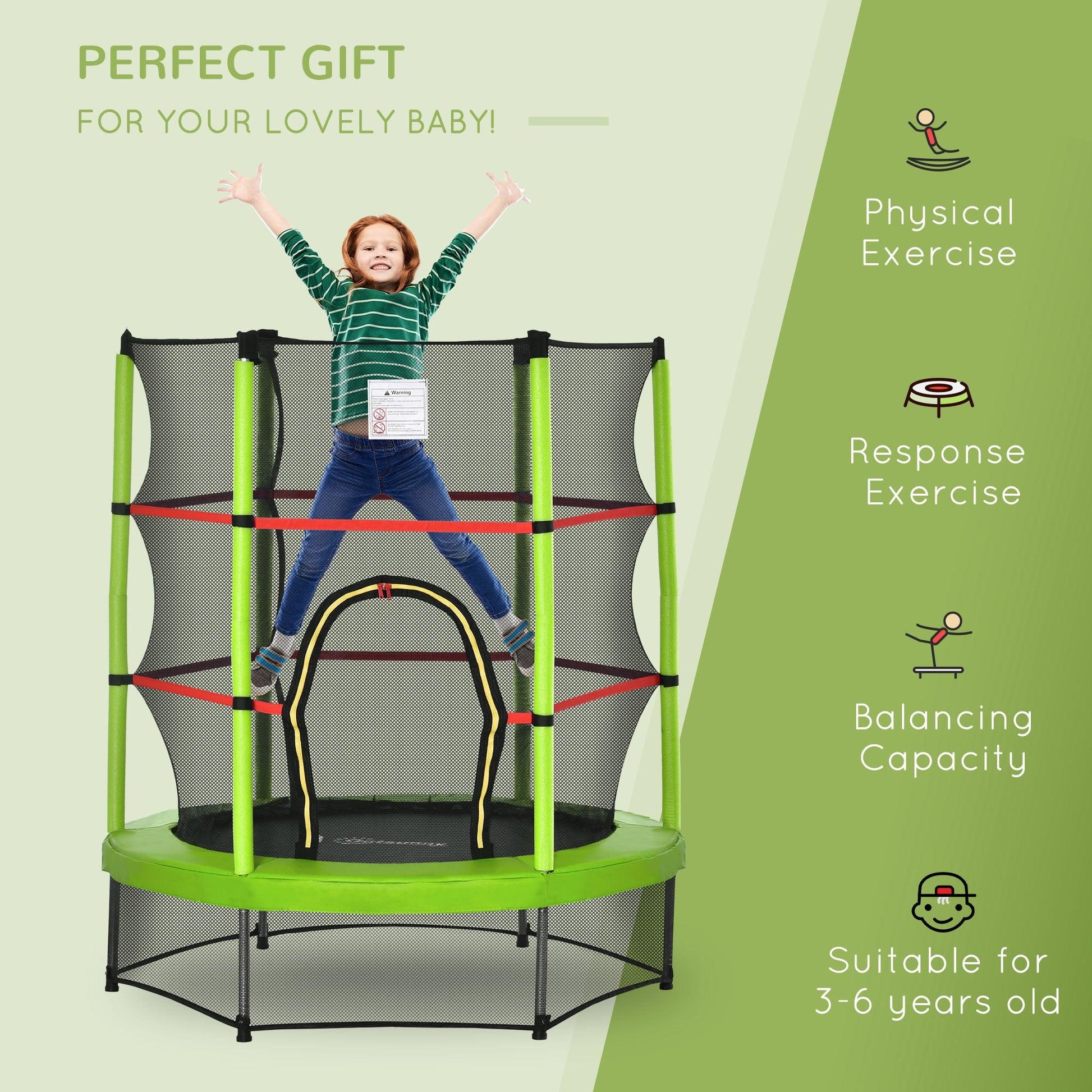 HOMCOM 5.2FT Kids Trampoline with Enclosure - Green - ALL4U RETAILER LTD