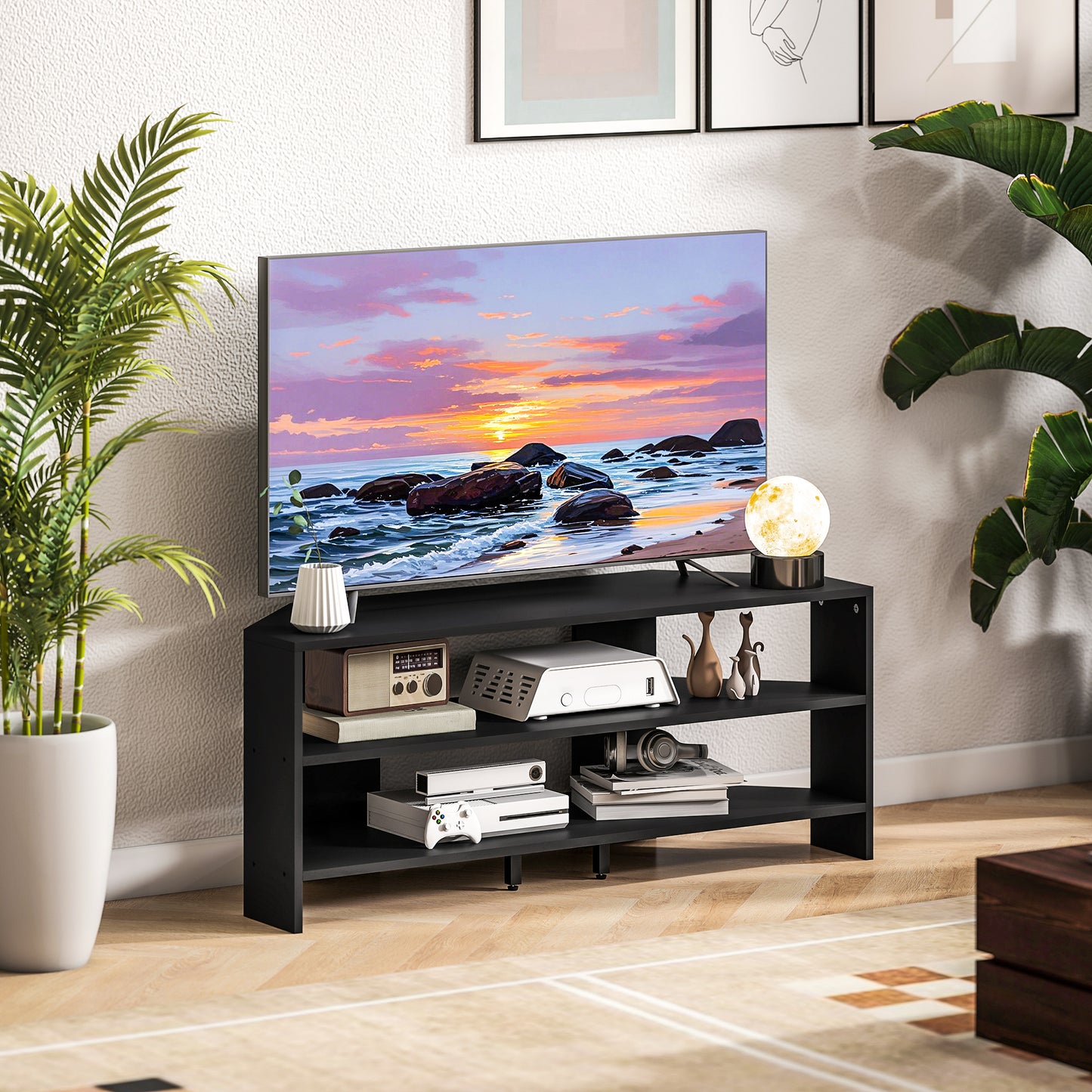 HOMCOM Corner TV Stand For 47 Inch TVs With Two Open Shelves Black Finish For Living Room