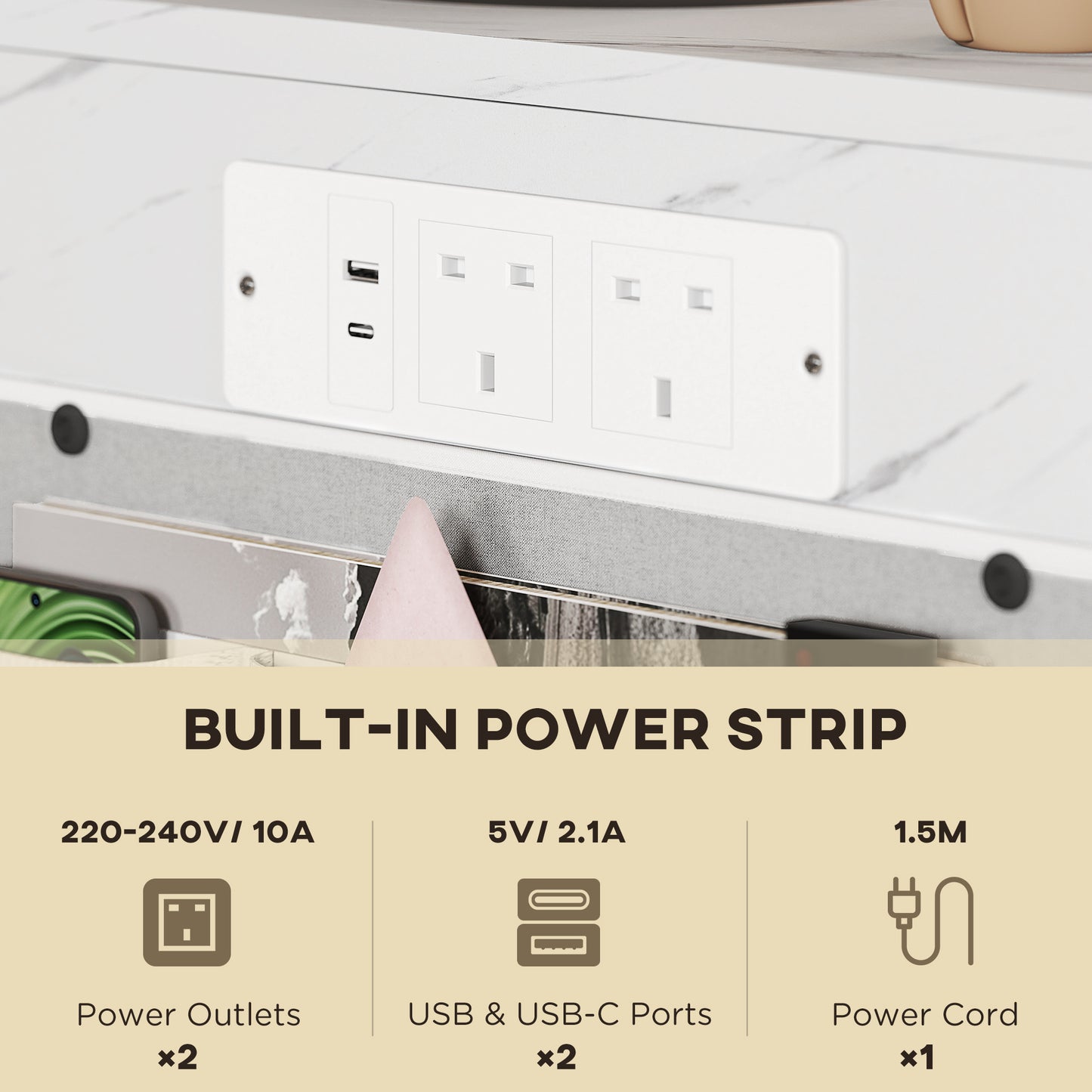 HOMCOM C Shaped Bedside Table With Charging Station Marble Grain Finish Power Outlets USB Ports Storage Bags White