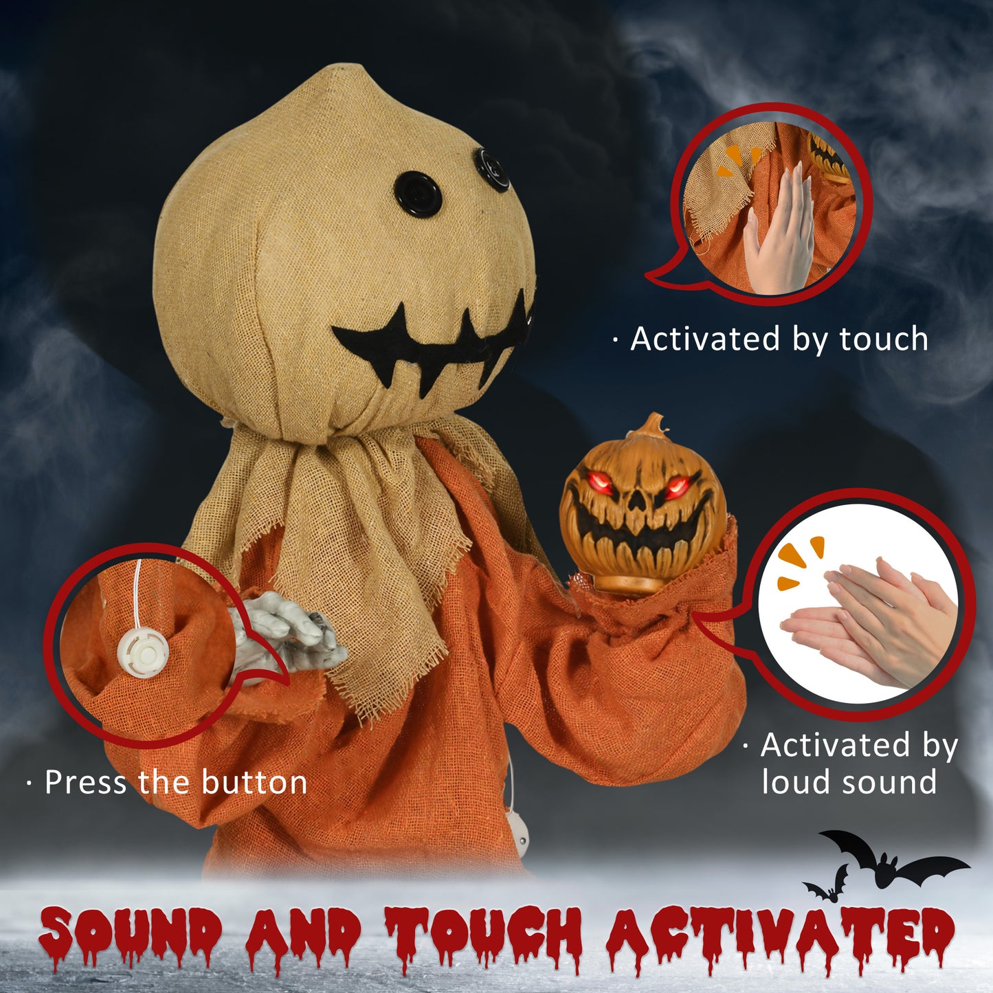 HOMCOM Creepy Animated Halloween Scarecrow with Light-Up Eyes and Sound Activation - ALL4U RETAILER LTD