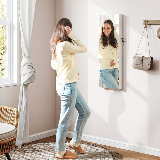 HOMCOM Lockable Jewellery Cabinet With LED Lights Mirror 108 x 37 cm White Surface Pink Lining