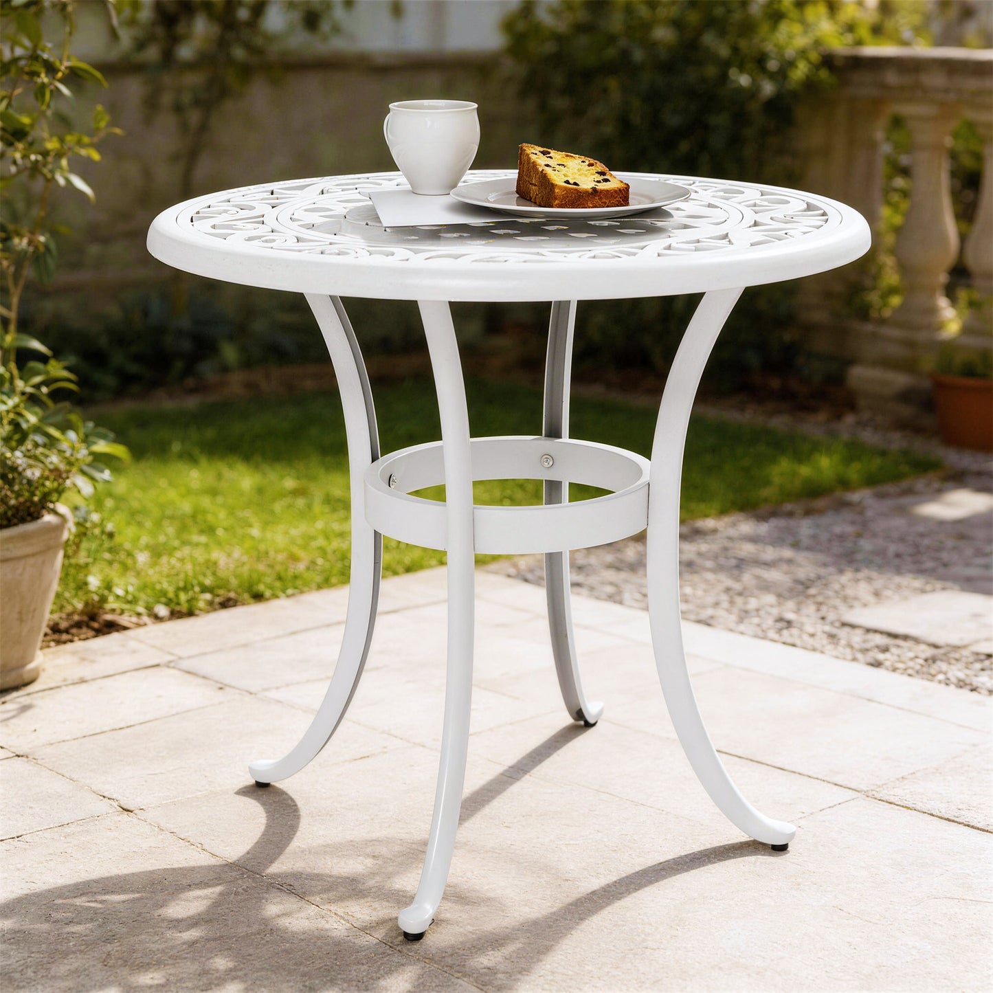 Outsunny 60 cm Round Garden Table Cast Aluminium Outdoor Patio Table White Elegant Cutout Top