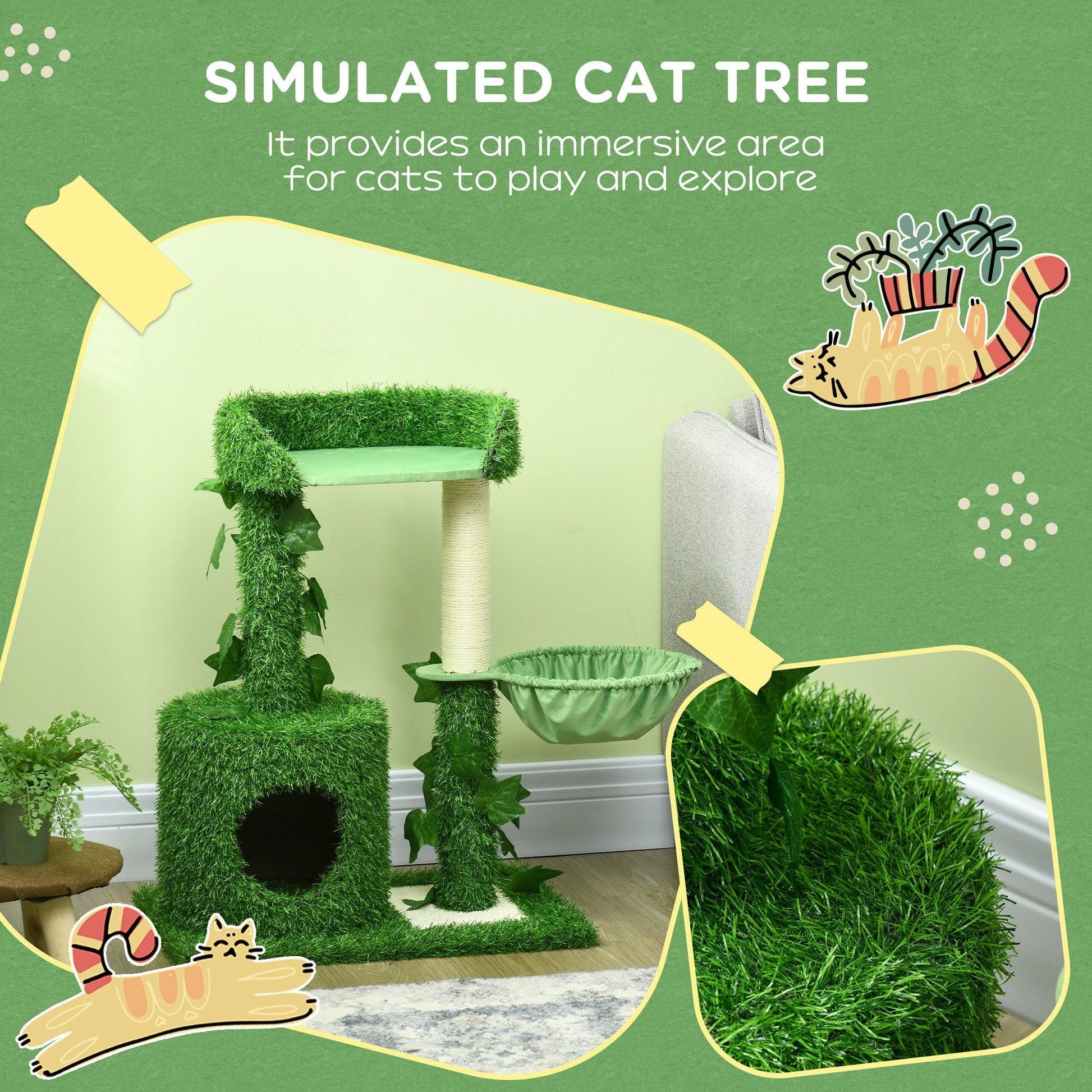 PawHut Cat Tree with Green Leaves, Scratching Posts, Perch Hammock - ALL4U RETAILER LTD