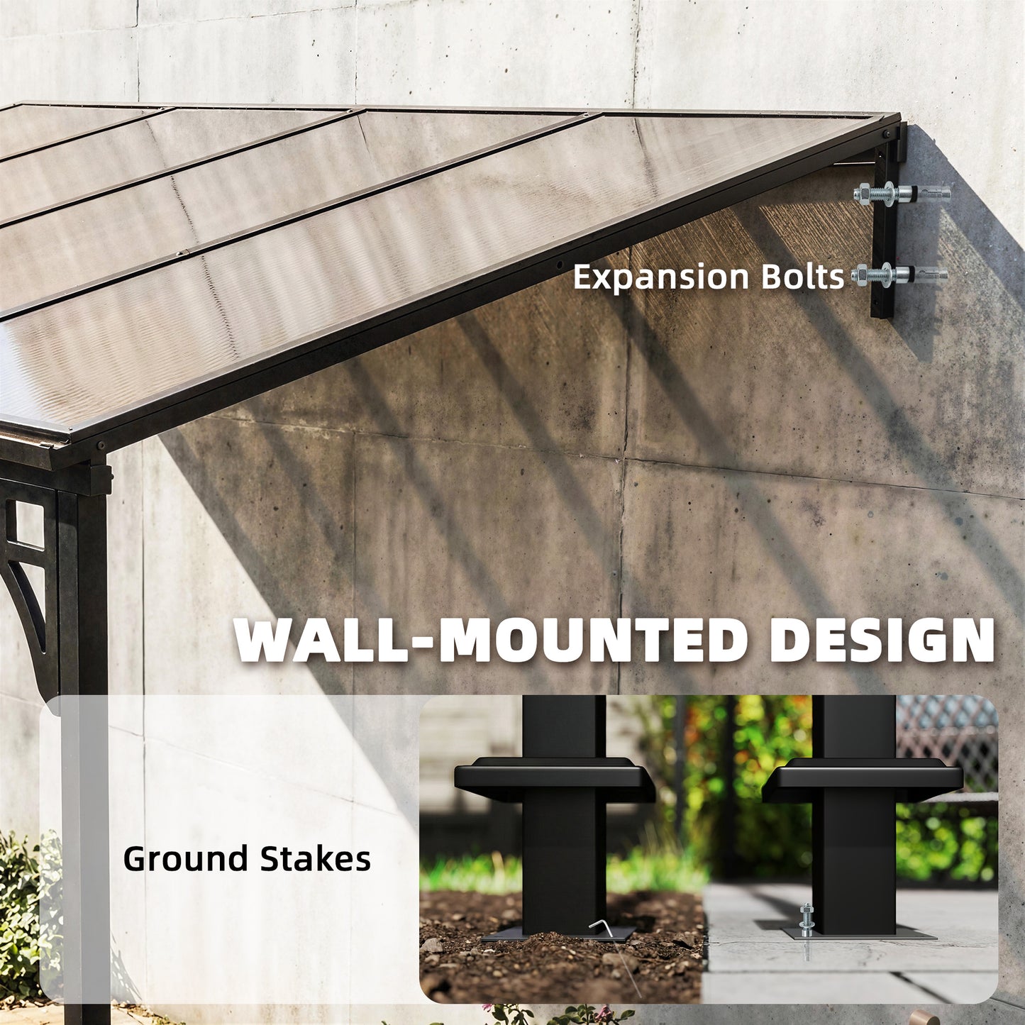Outsunny 4 x 3 m Wall Mounted Lean To Pergola with Polycarbonate Roof and Aluminium Frame Brown Outdoor Patio Gazebo