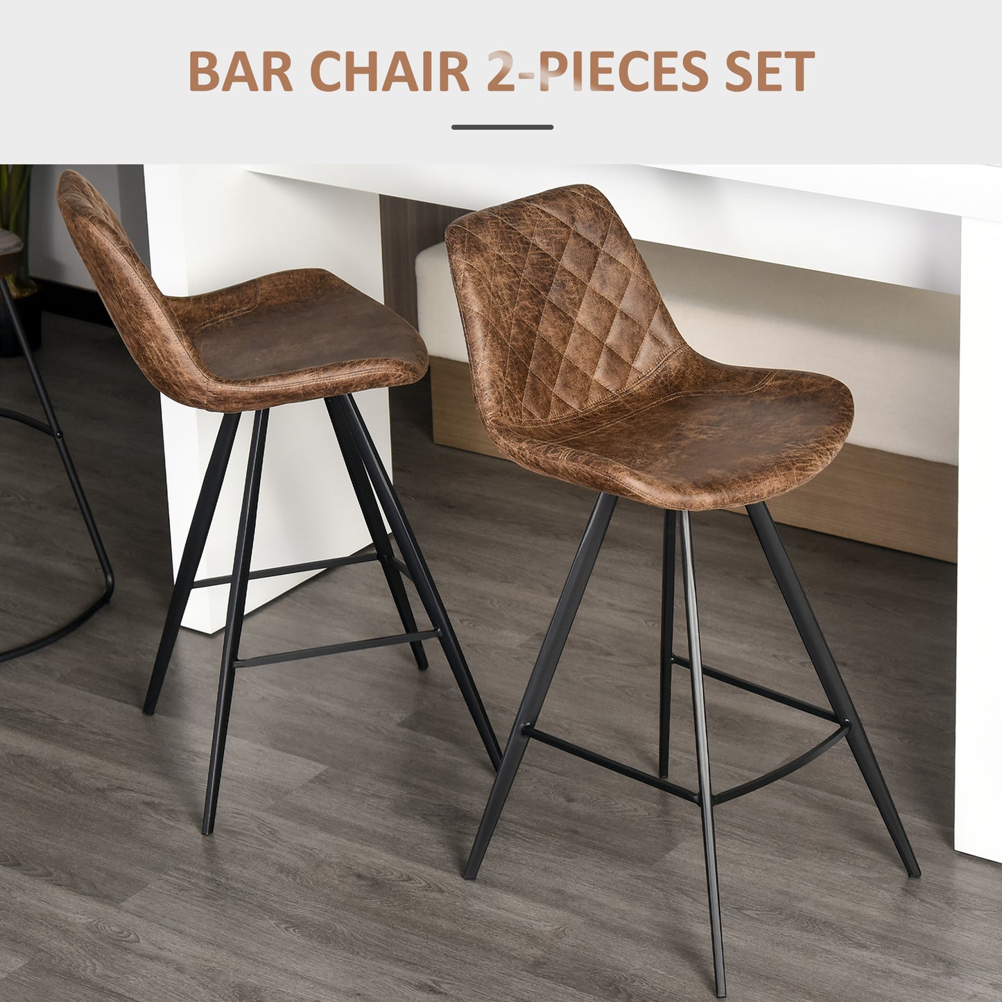HOMCOM Set Of 2 Bar Stools Vintage Microfiber Tub Seats Padded Comfort Steel Frame With Footrest Quilted Brown