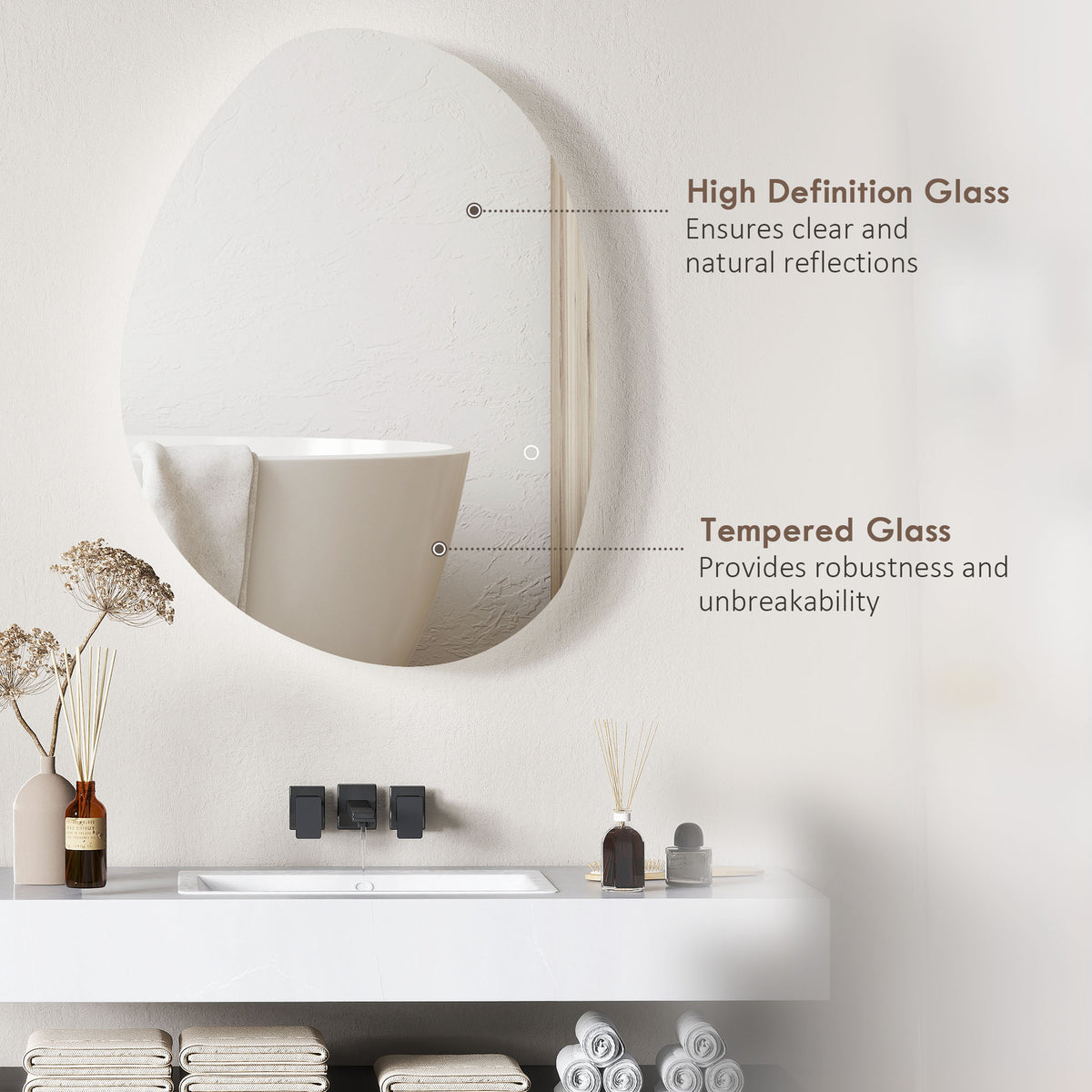 Wall-mounted oval LED mirror with bright illuminated perimeter